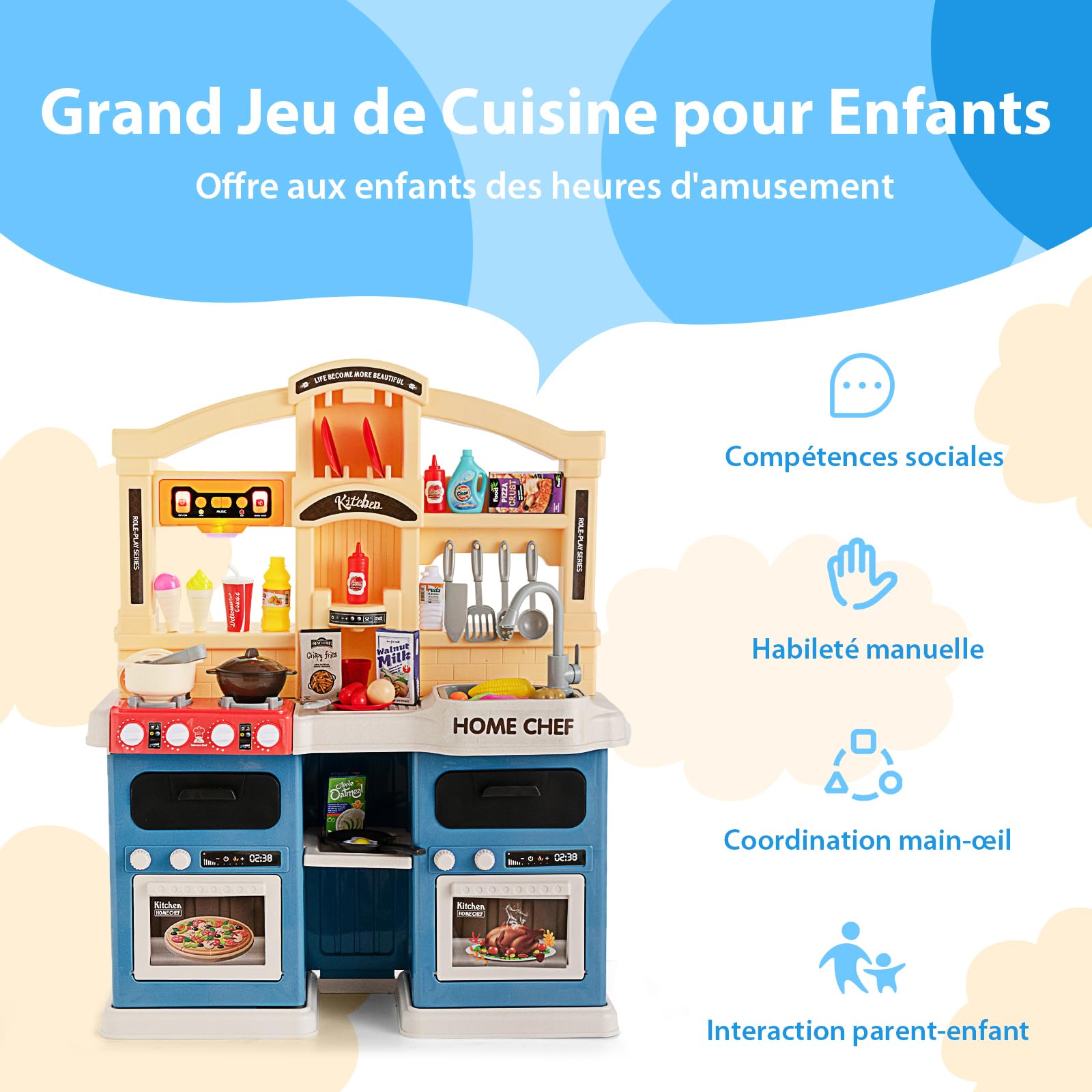 COSTWAY 42 Pcs Cuisine Enfants avec Effets de Vapeur & d'Ebullition, Jeux de Cuisine Enfants avec Lumières et Sons Réalistes, Jouet d’Imitation pour Enfants de 3 Ans+, 64,5 x 24 x 83 cm (Bleu.)