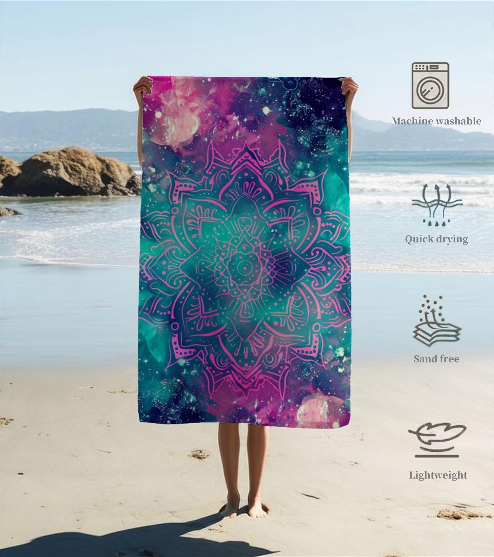 Ręcznik plażowy z mikrofibry 220 x 100 cm duży fioletowy ręcznik kąpielowy mandala mata plażowa anty piasek, ręczniki sportowe, szybkoschnące, kompaktowe i lekkie, do sportu, podróży, sauny, basenu Y1