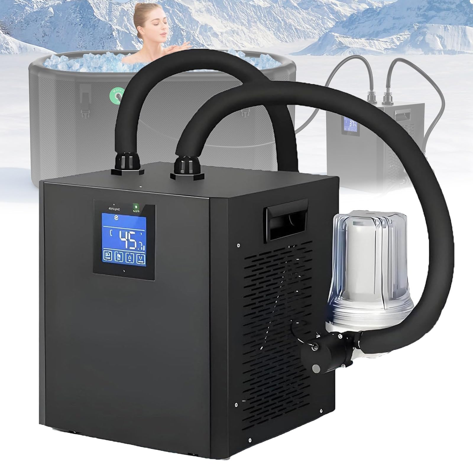 Refrigeratore d’Acqua 1/3 HP per Bagno di Ghiaccio con Filtro e Pompa | Raffreddamento 300 W con Circolazione Stabile fino a 66 Gal e Due Ventole per Dissipare il Calore.