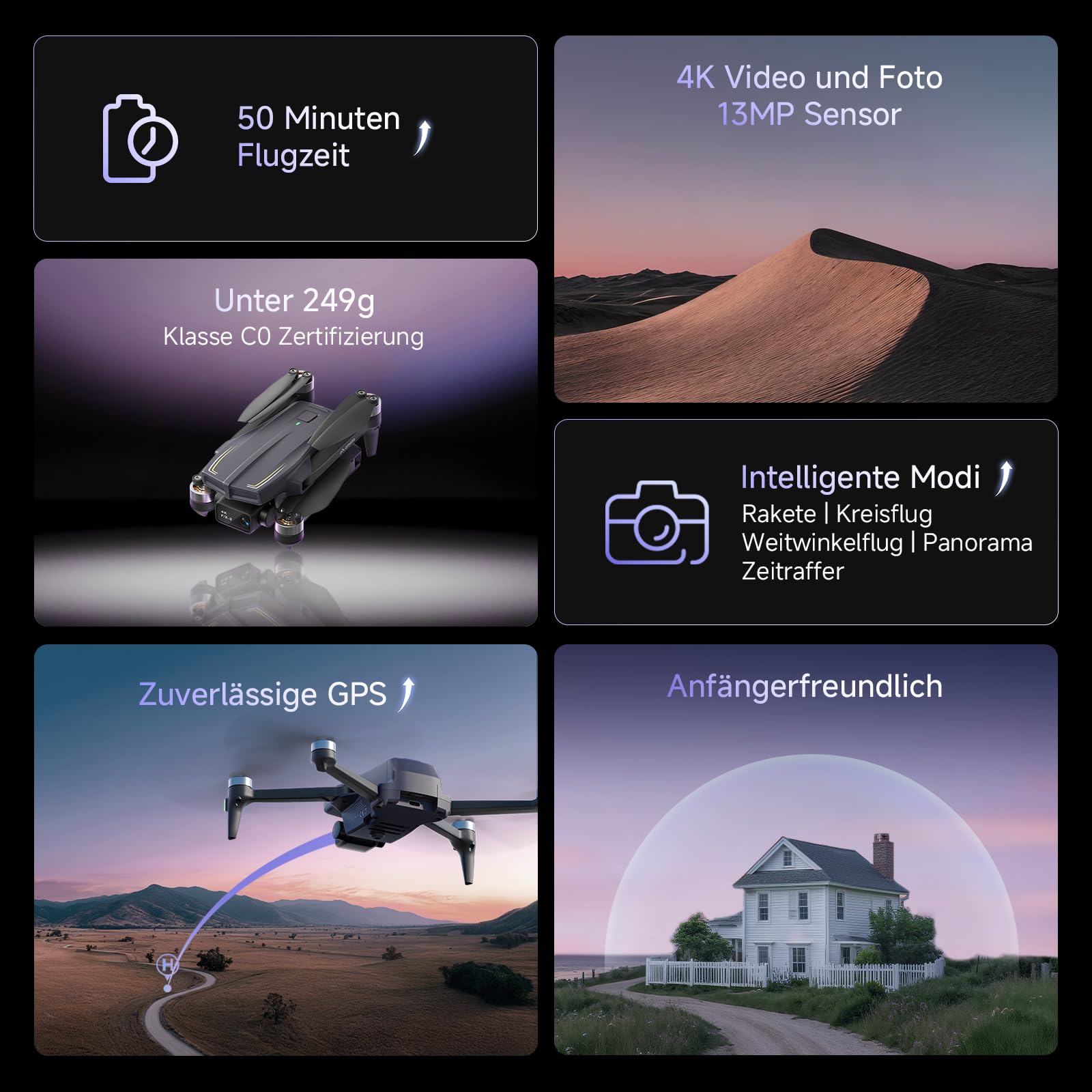 Ameta Drohne mit Kamera 4K und GPS, S20 Pro Drone für Kinder und Erwachsene mit Auto Return/ 50 Minuten Flugzeit/Follow Me/Intelligenter Modus/Gestensteuerung, RC Quadrocopter Unter 249g