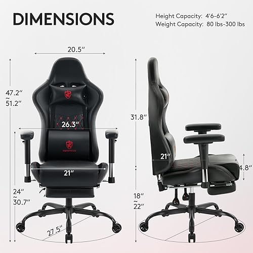 Miniatura 3 de Silla para juegos, silla de oficina para computadora con reposapiés, soporte lumbar masajeador y almohadilla de gel, silla de cuero ergonómica Negro