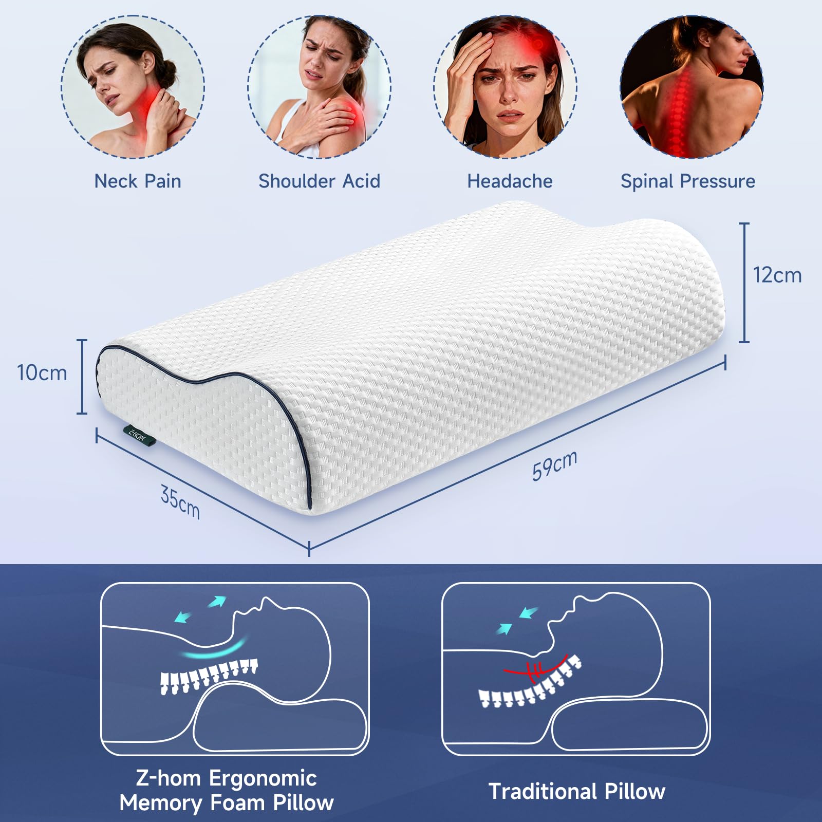 Z-hom Almohada de espuma viscoelástica, 59 x 39 x 10/12 cm, almohadas cómodas para el dolor de cuello y hombros, almohada ortopédica ergonómica, almohada de apoyo para el cuello, almohada cervical