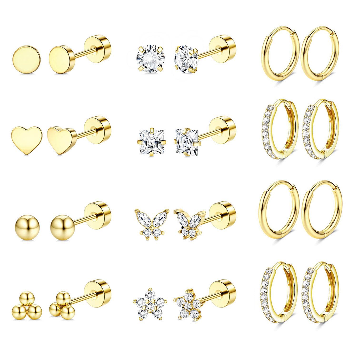 12 Pairs Combo Set Latest Stylish Anti Tarnish Earrings for Women Men Girls (16844er) (Gold)