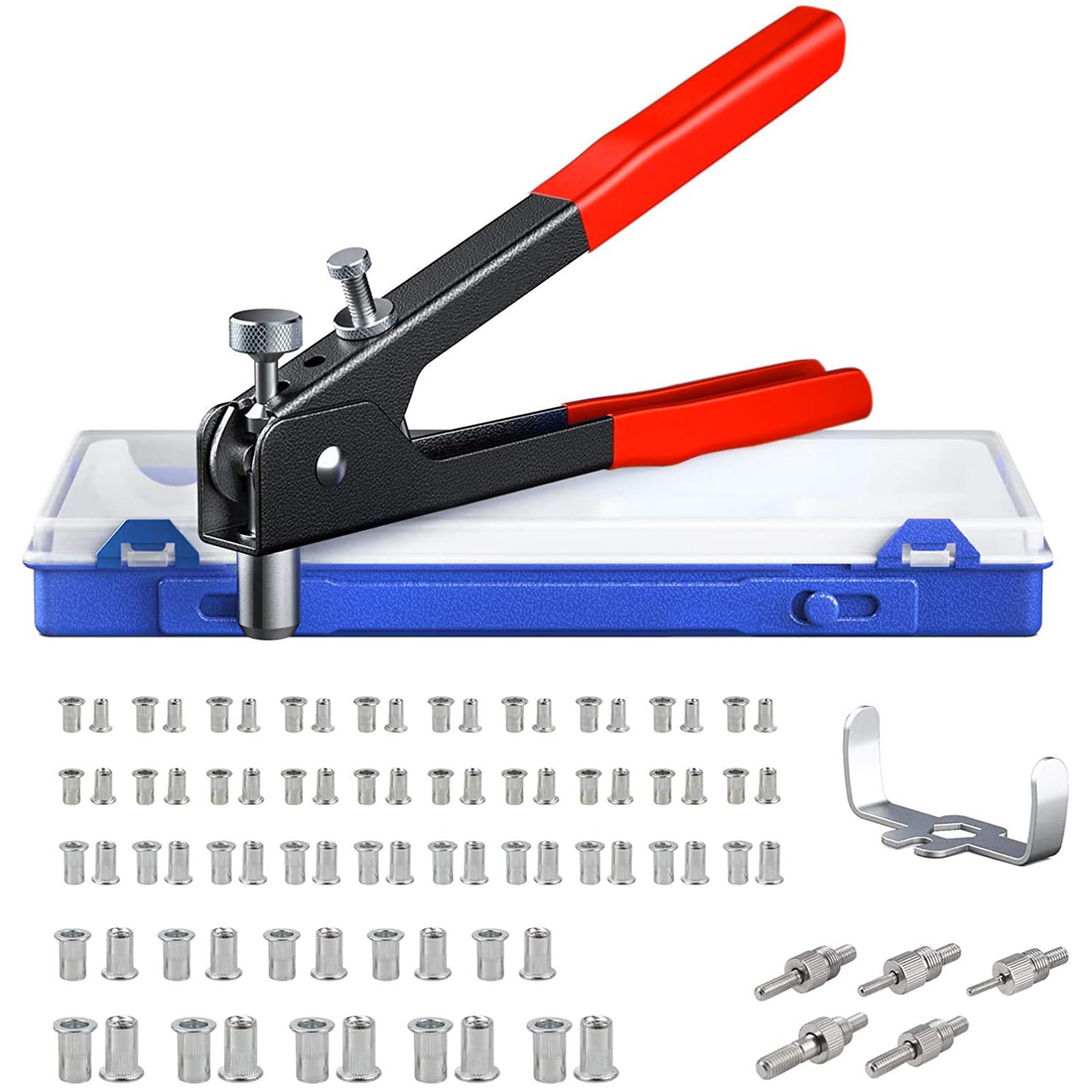 AUTOUTLET 86PCS Rivet Nut Tool Kit with 5 Sizes (M3-M8) Mandrels, Nutsert/Rivnut Set & Portable Carry Case (Red)