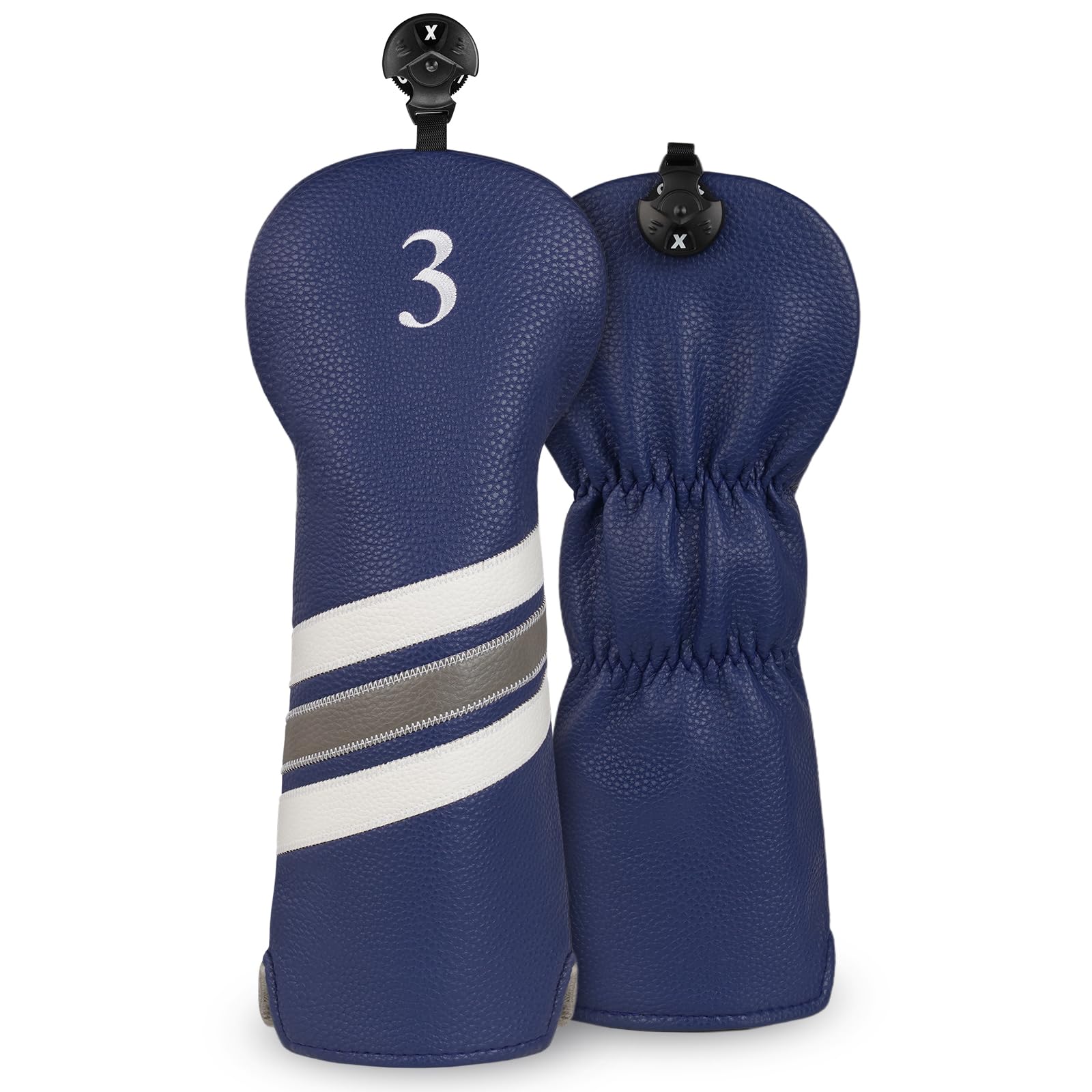 Golf Club Head covers Fairway Wood FW3 with Interchangeable Number Tag 3457X Elastic Closure Navy Blue PU Leather