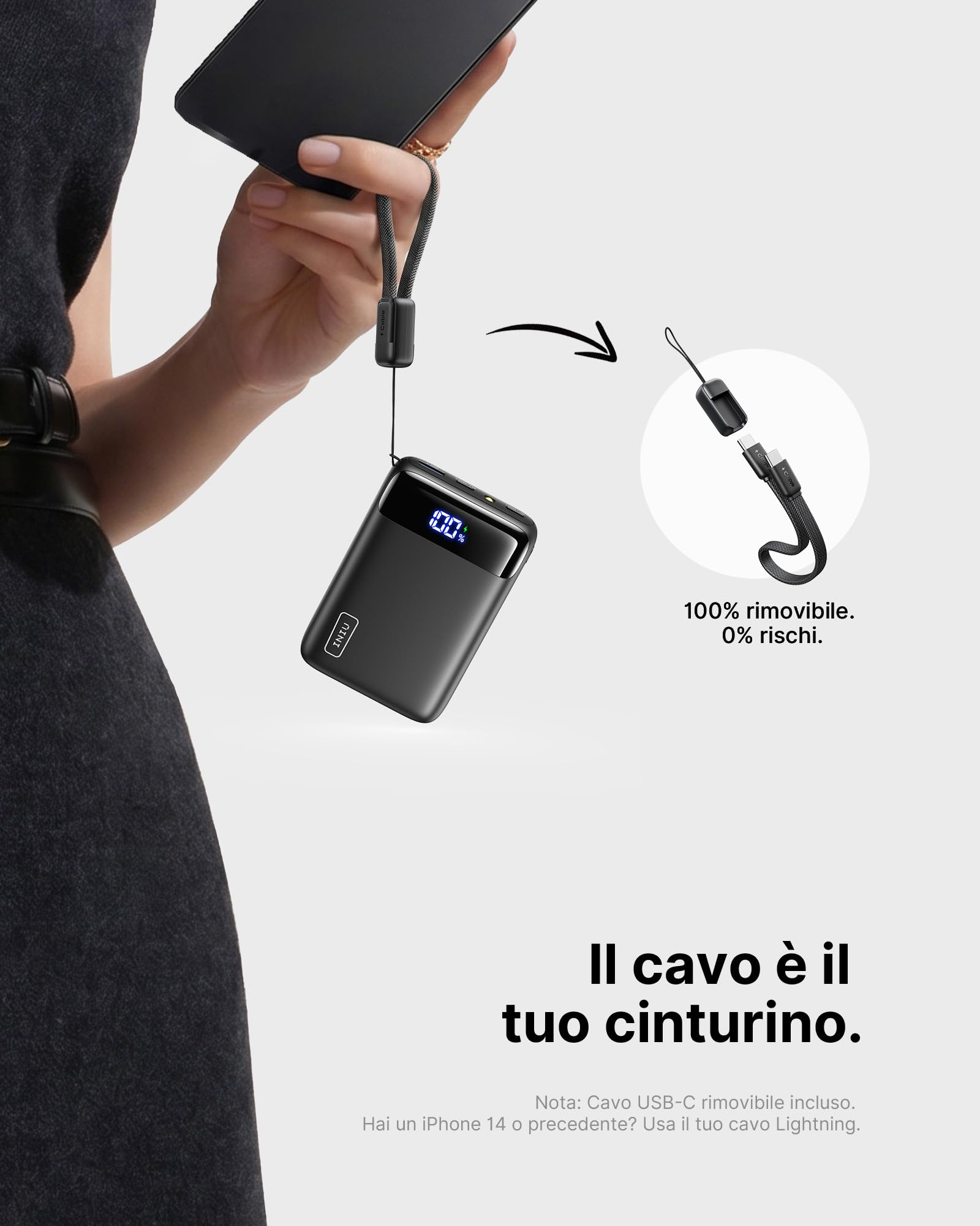 INIU Ultrapiccolo 20000mAh Power Bank, 22,5W Ricarica Rapida Caricatore Portatile con Cavo USB C Staccabile, Essenziali da Viaggio, Caricatore Portatile per iPhone 17 16, Samsung S22, Xiaomi, iPad ecc