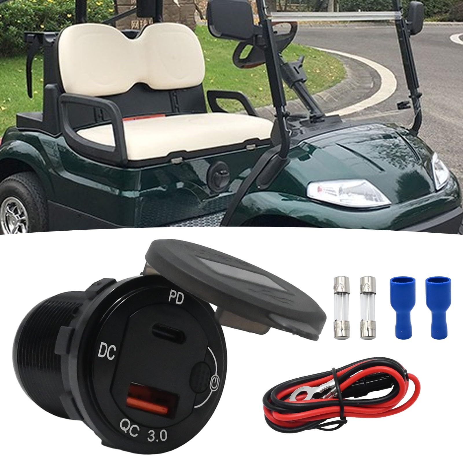 UOIENRT 83 W USB-C-Autoladegerät, 18 W QC3.0 und 65 W USB-C-Anschluss, 12 V Steckdose mit Knopfschalter, intelligentes Voltmeter für Auto, Golfwagen, Marine