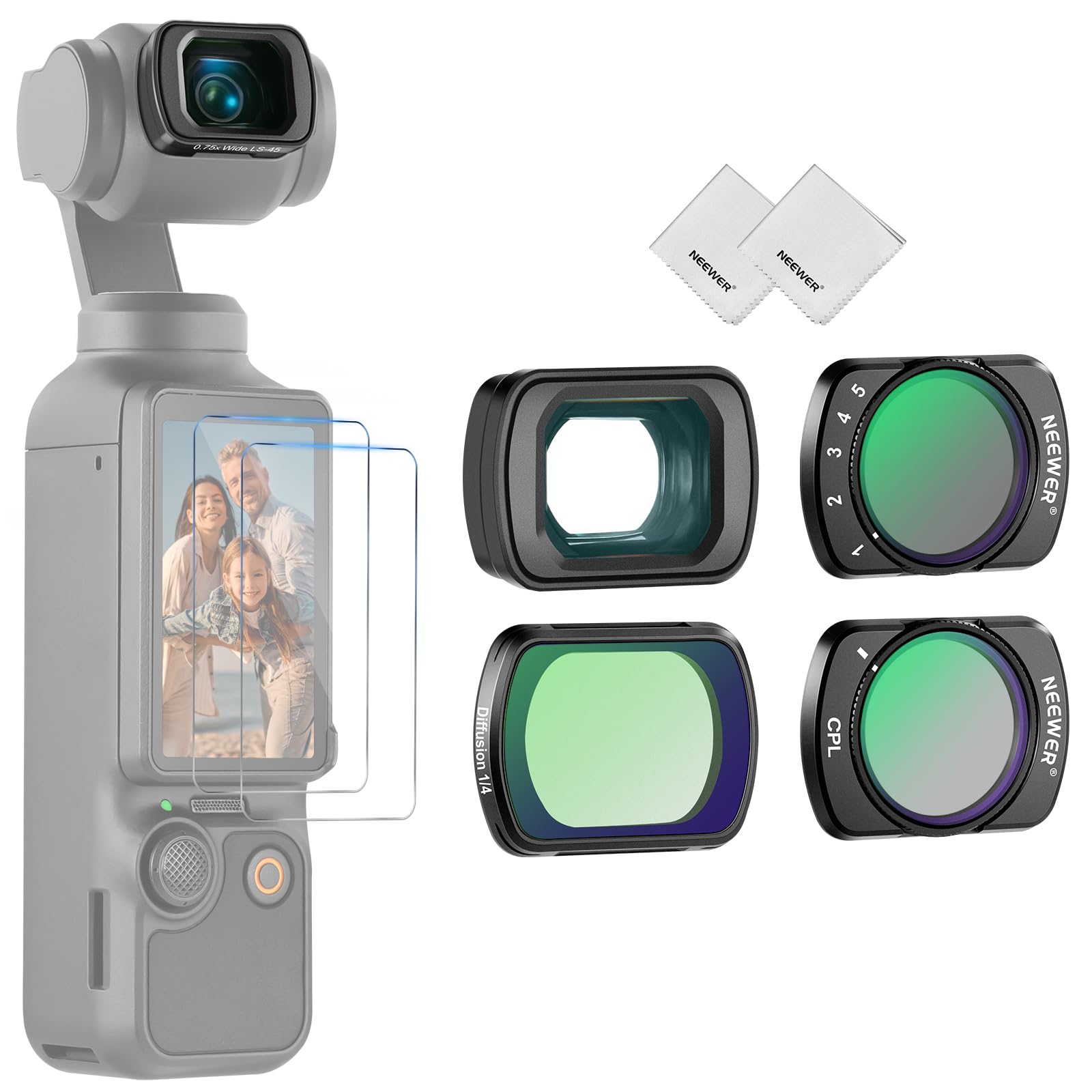 NEEWER ND Filter Set Compatible with DJI Osmo Pocket 3 Creator Combo Accessories, Wide Angle Lens + Variable ND2-32 + CPL + 1/4 Black Mist Diffusion