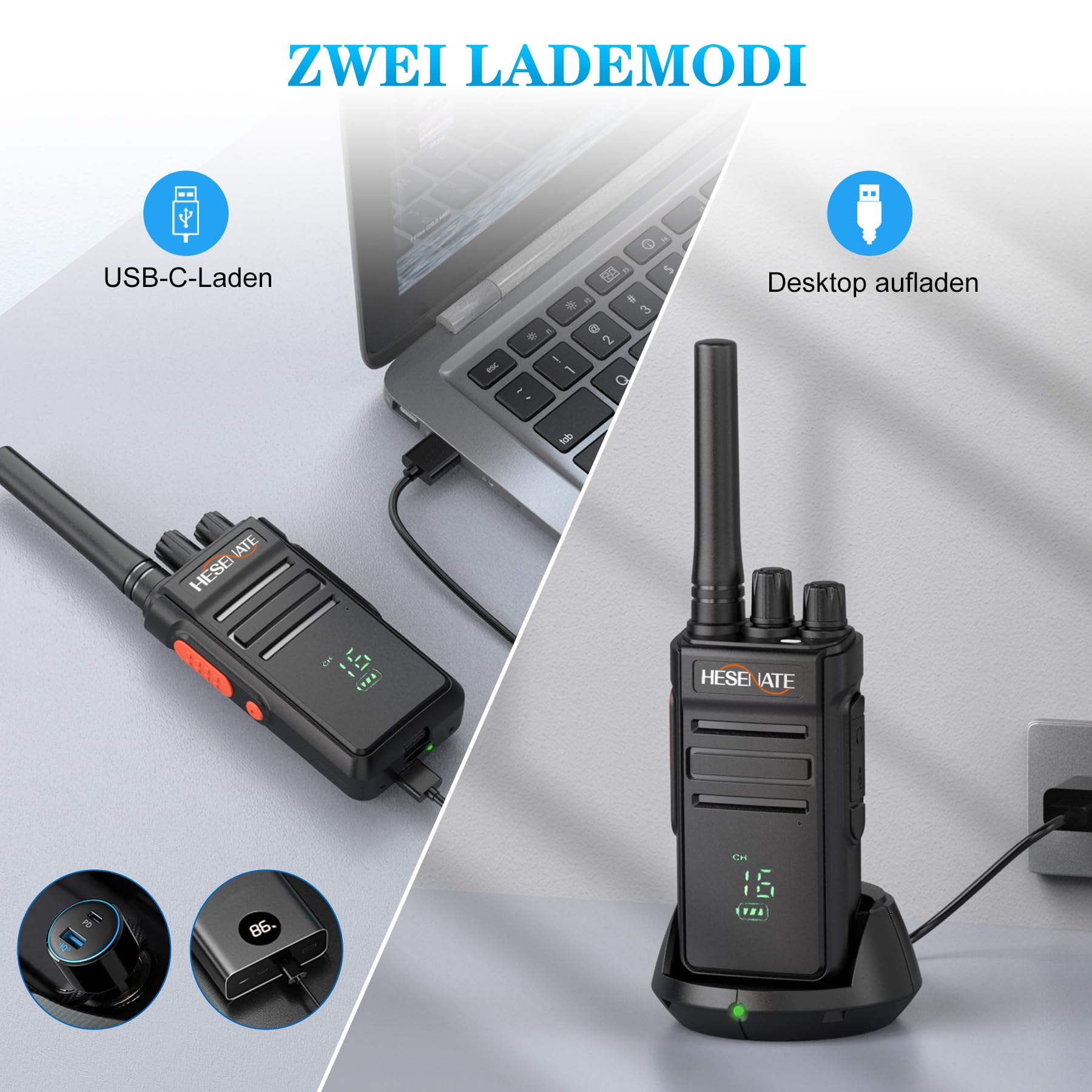 HESENATE HT66 Plus Funkgeräte Set Anzeige PMR446 Lizenzfreies Woki Toki | Große Reichweite Walkie Talkie Professionelles Funkgerät 16 Kanäle Walky Talky Handfunkgerät mit Kopfhörer Schwarz 6er set