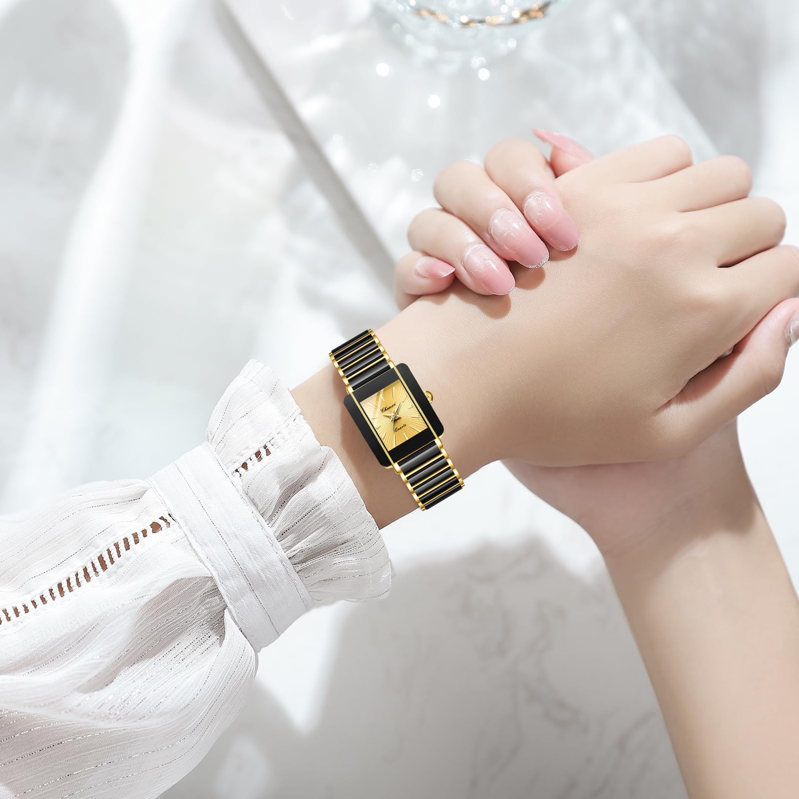 Gosasa Relojes vintage para parejas para hombres y mujeres a juego, pulsera cuadrada de cerámica de cuarzo para él y para ella, par de relojes rectangulares de vestir negro y dorado, resistentes al