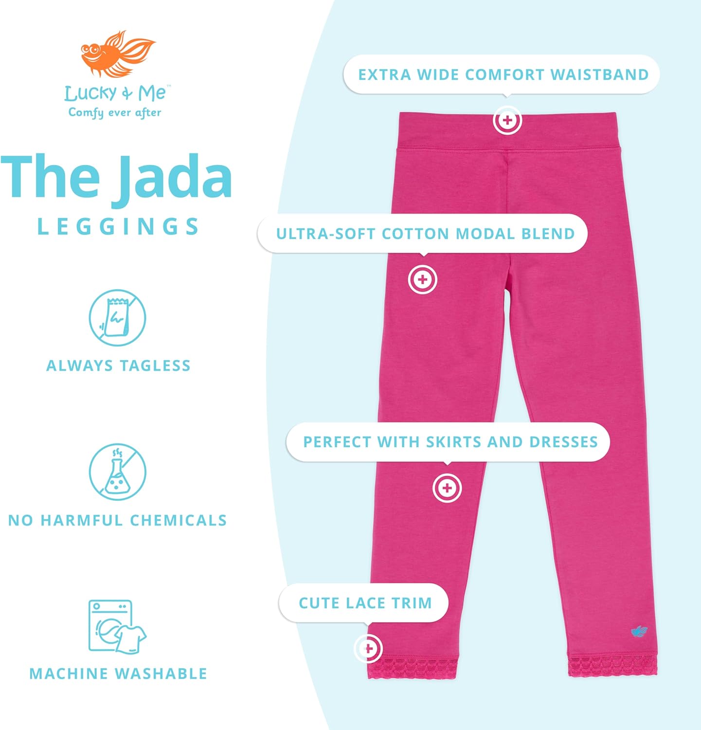 Lucky & Me | Jada Girls Leggings | Tagless | Full Length, Lace Trim, Wide Waistband | 3-Pack - Image 3