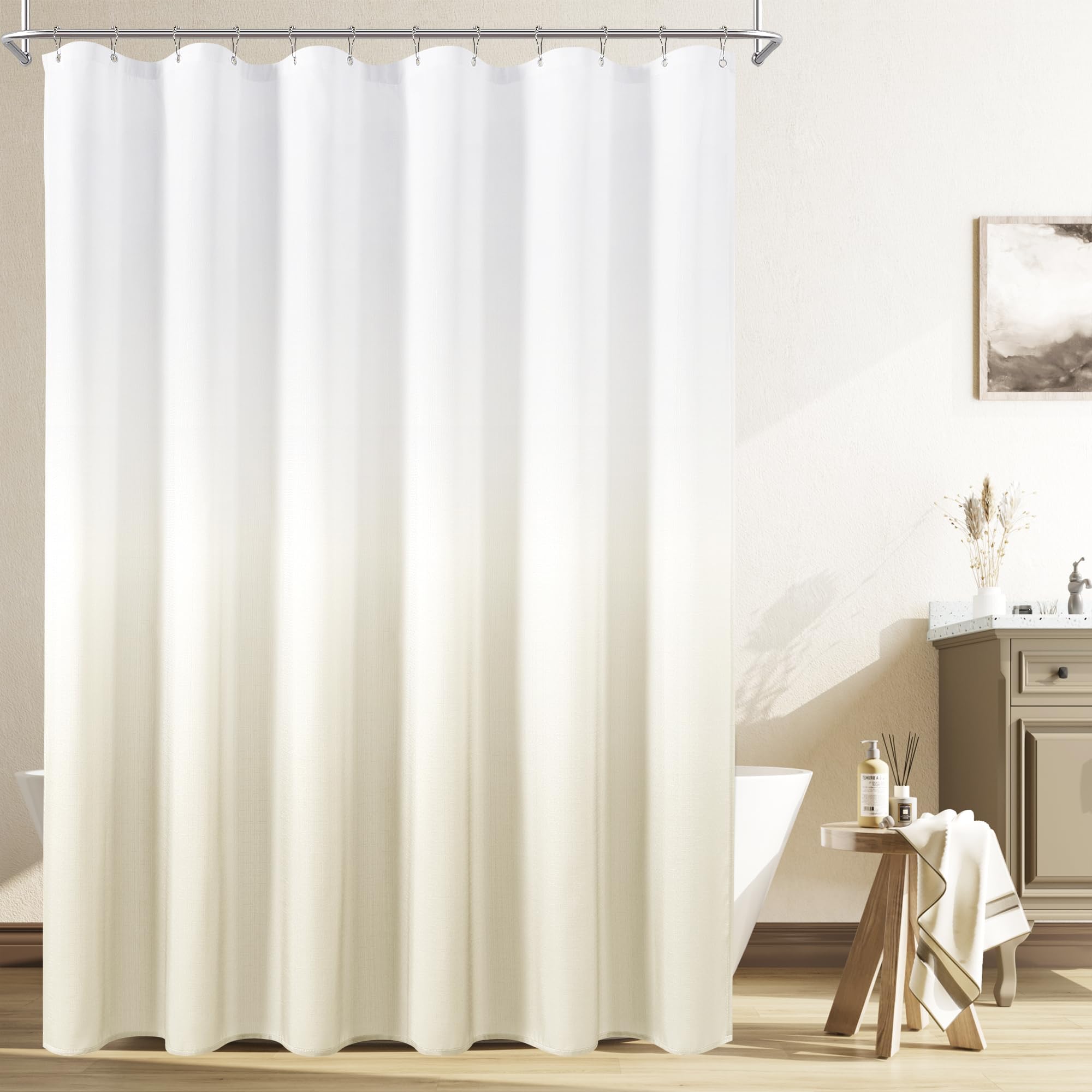 Warmbeige Ombré-Duschvorhänge fürs Badezimmer, wasserabweisendes Material mit Ösen und Haken, maschinenwaschbar 260x210cm/Breite x Höhe