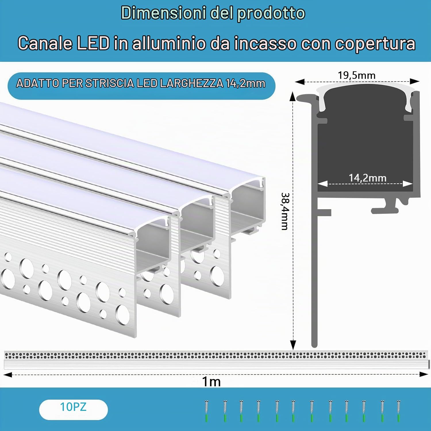 10x Profili Alluminio per Strisce LED da 1 Metri, Profilo in Alluminio da Incasso a LED, Canali di Diffusione Della Luce di Striscia del LED, Bianco