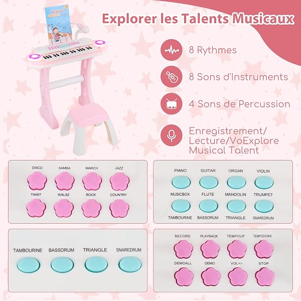 COSTWAY Piano Numérique à 37 Touches Enfants avec Tabouret & Microphone Réglable, Clavier Electronique avec Haut-Parleurs & Lumière, Enregistrement et Lecture, Charge 100kg pour 18 Mois+ - 2