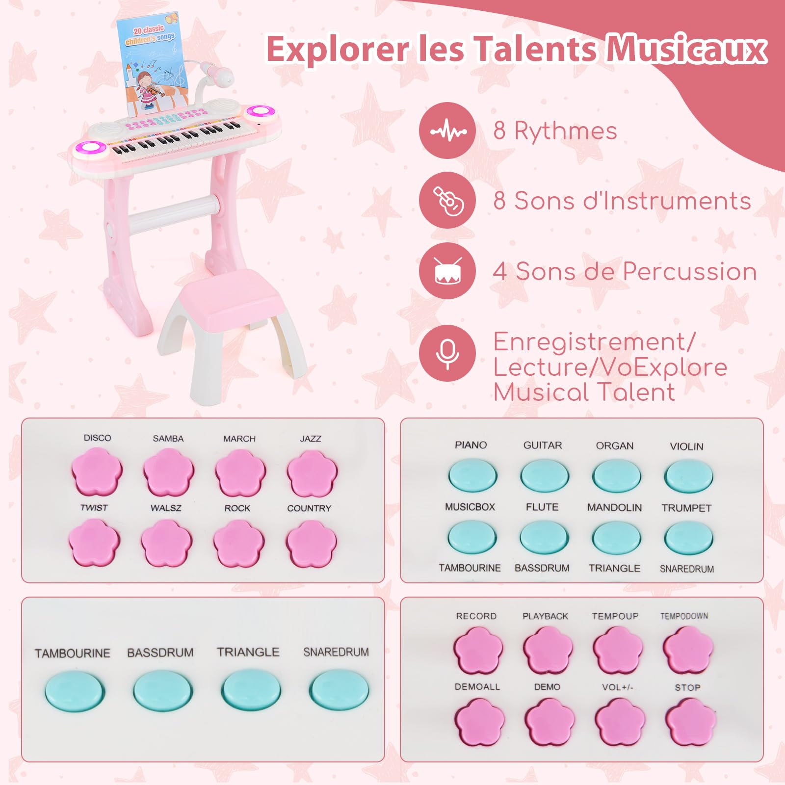 COSTWAY Piano Numérique à 37 Touches Enfants avec Tabouret & Microphone Réglable, Clavier Electronique avec Haut-Parleurs & Lumière, Enregistrement et Lecture, Charge 100kg pour 18 Mois+ - 3