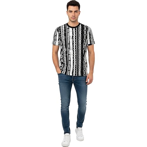 VERSACE JEANS COUTURE Black/White Mens Baroque Chain Print Panel T-Shirt-L