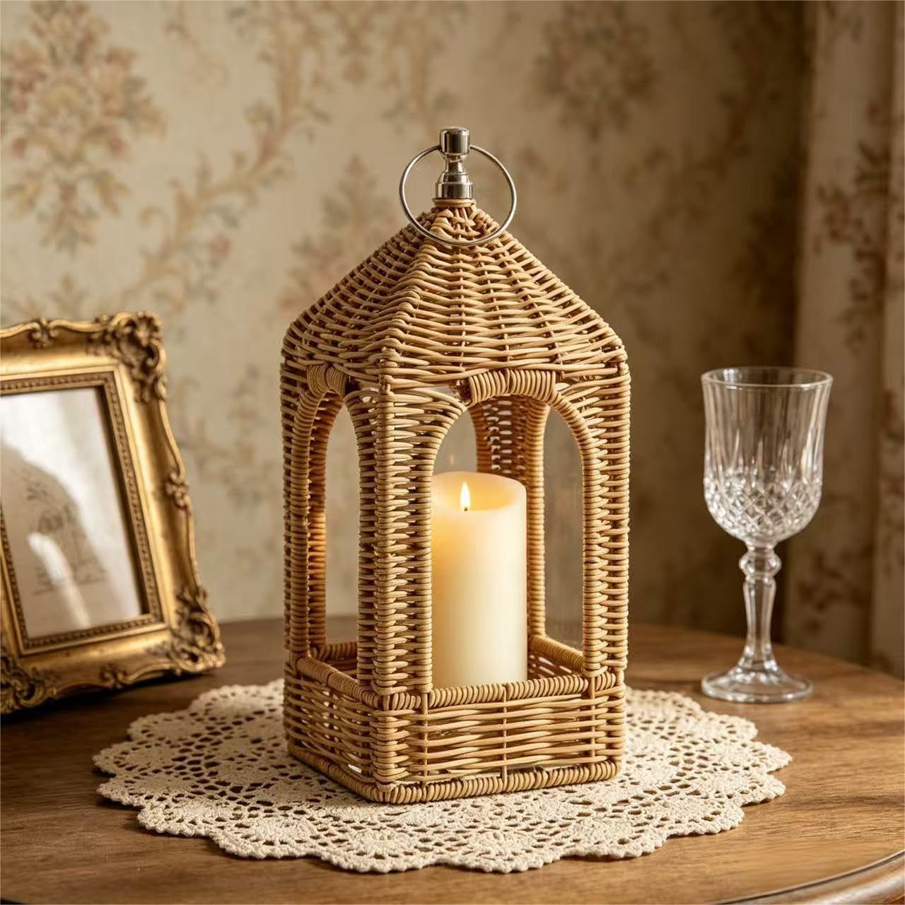 2 PCS Handmade Artificial Rattan Candle Lantern, Boho Woven Decor for Indoor Outdoor Patio Garden Wedding Home