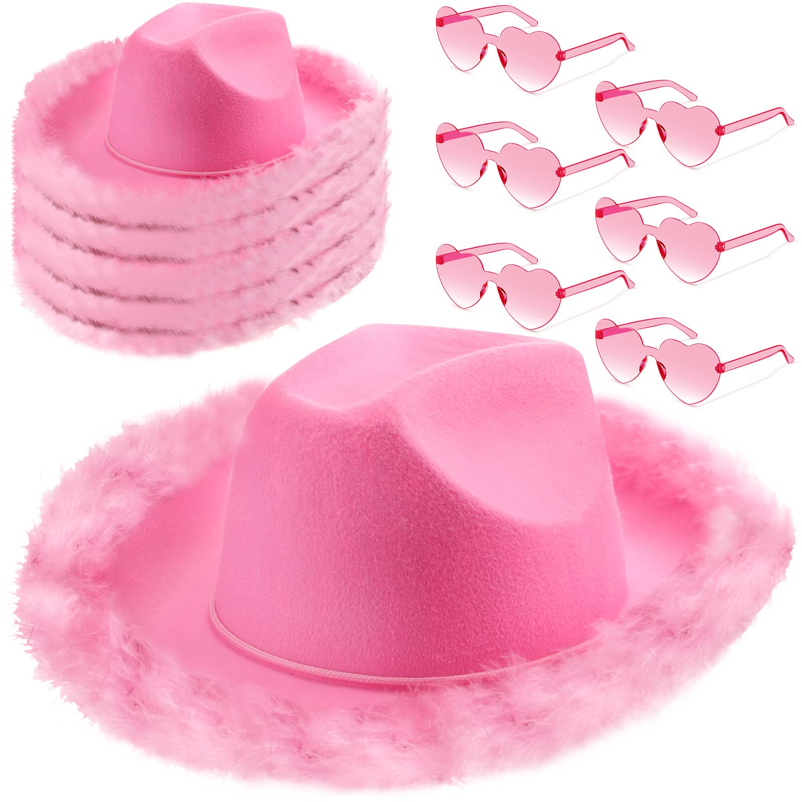 6717 Cowgirl Hat With Feather Boa And Heart Sunglasses Set For Girls Amazon.com: Pink Cowboy Hat with Heart Shaped Sunglasses  main image 2