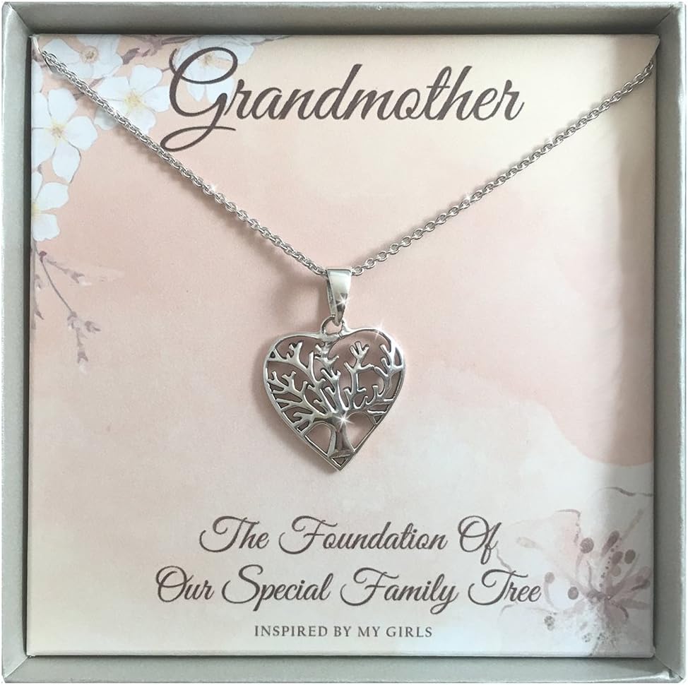 Sterling Silver Grandmother Heart Tree Of Life Necklace and Keepsake Card Gift For Grandma