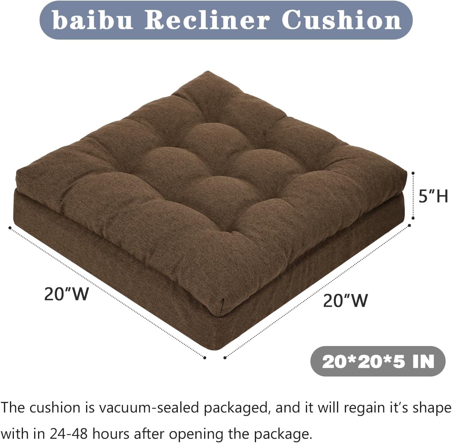 baibu Large Memory Foam Recliner Cushions for Elderly, 20x20x5 Inch Thick Dual-Layer Patent Design Non-Slip Recliner Seat Cushion for Couch for Easy to Stand Up & Reduce Hip & Lumbar Pain, Brown