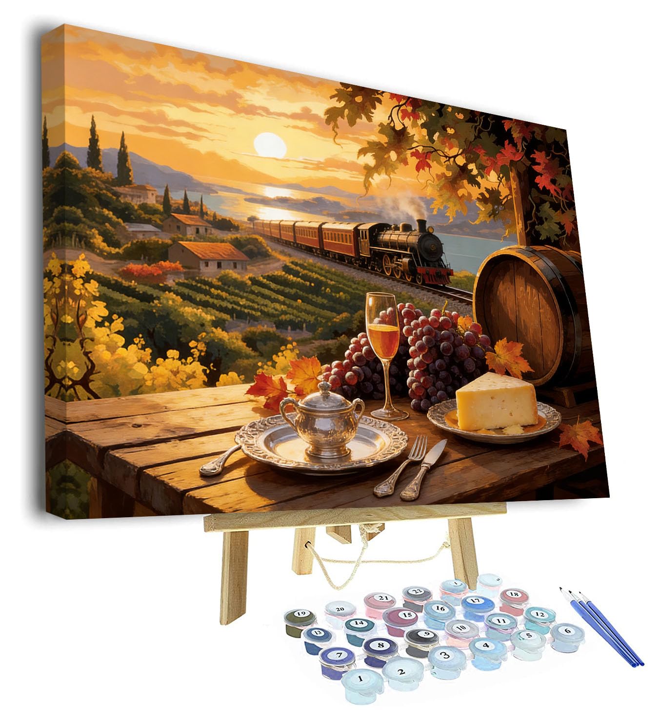 TISHIRON Paint by Numbers Kit for Adults, Adult Paint by Number Kits for Beginner - Sunset Vineyard Landscape with Steam Train Passing by, Serene DIY Artwork for Home Decor(16x20 Inch, Framed)