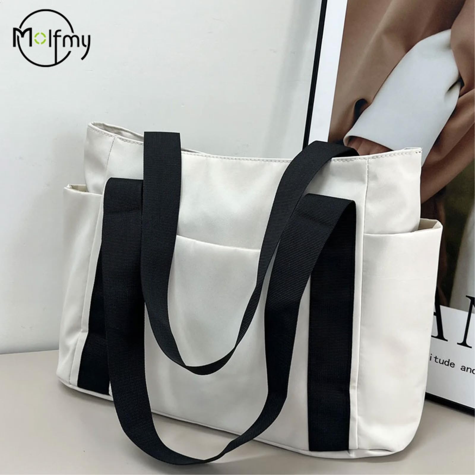 Damentaschen Frauen Nylon Pendler Schulter Handtasche, Große Kapazität Urlaub Handtasche-White