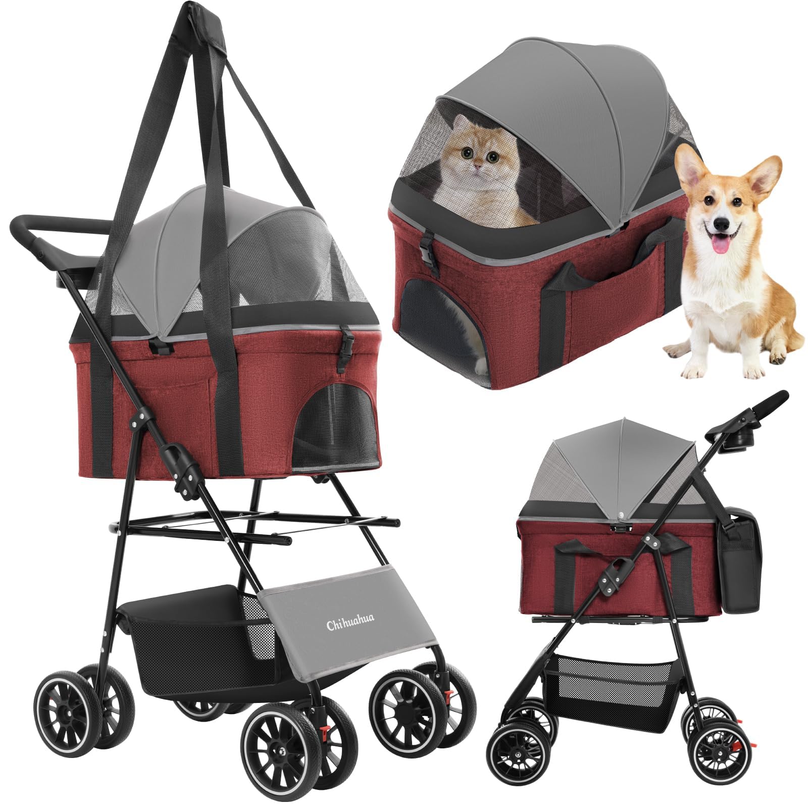 Hundewagen für Haustiere mit Verdeck, 4-rädriger Hundebuggy für kleine/mittelgroße Hunde und Katzen, Netzgewebe, Getränkehalter, Dunkelgrau+Rot