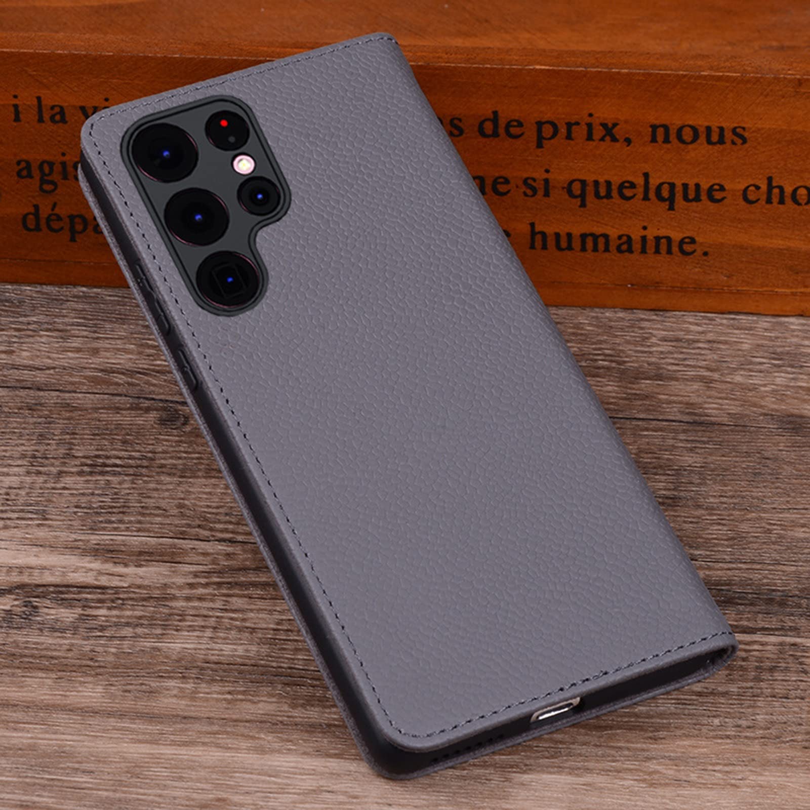 Etui do Samsung Galaxy S22/S22 Plus/S22 Ultra, wysokiej jakości skóra bydlęca, prawdziwa skóra, z klapką, stojak, etui na telefon z odporną na zarysowania, miękką wyściółką z mikrofibry, szare, S22 Ultra 6,8"