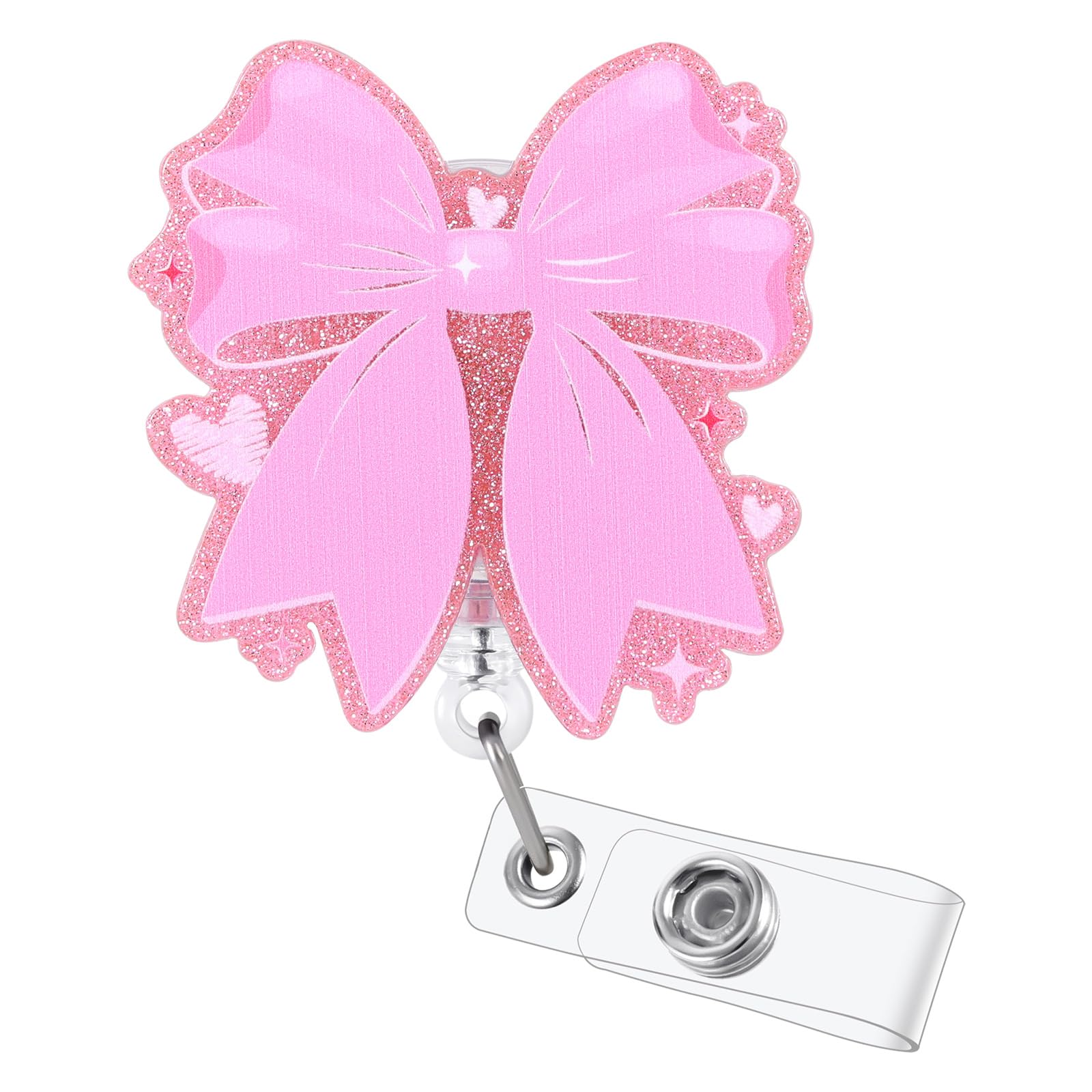 Pink Bow Heart Badge Reel, Cute Retractable ID Card Badge Holder, Name Tag Work Badge Clip for ICU RN LPN CNA MA ER Night Shift Nurse Nursing Student