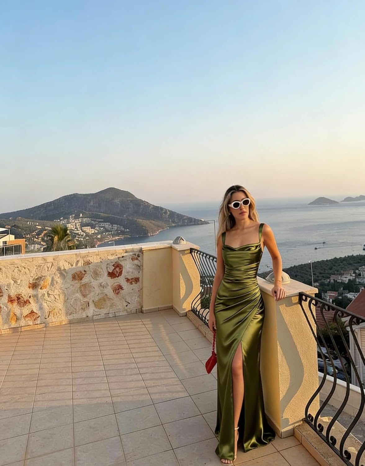 Square Neck Bridesmaid Dresses Long with Slit Pleated Spaghetti Straps Formal Evening Dress ZU042