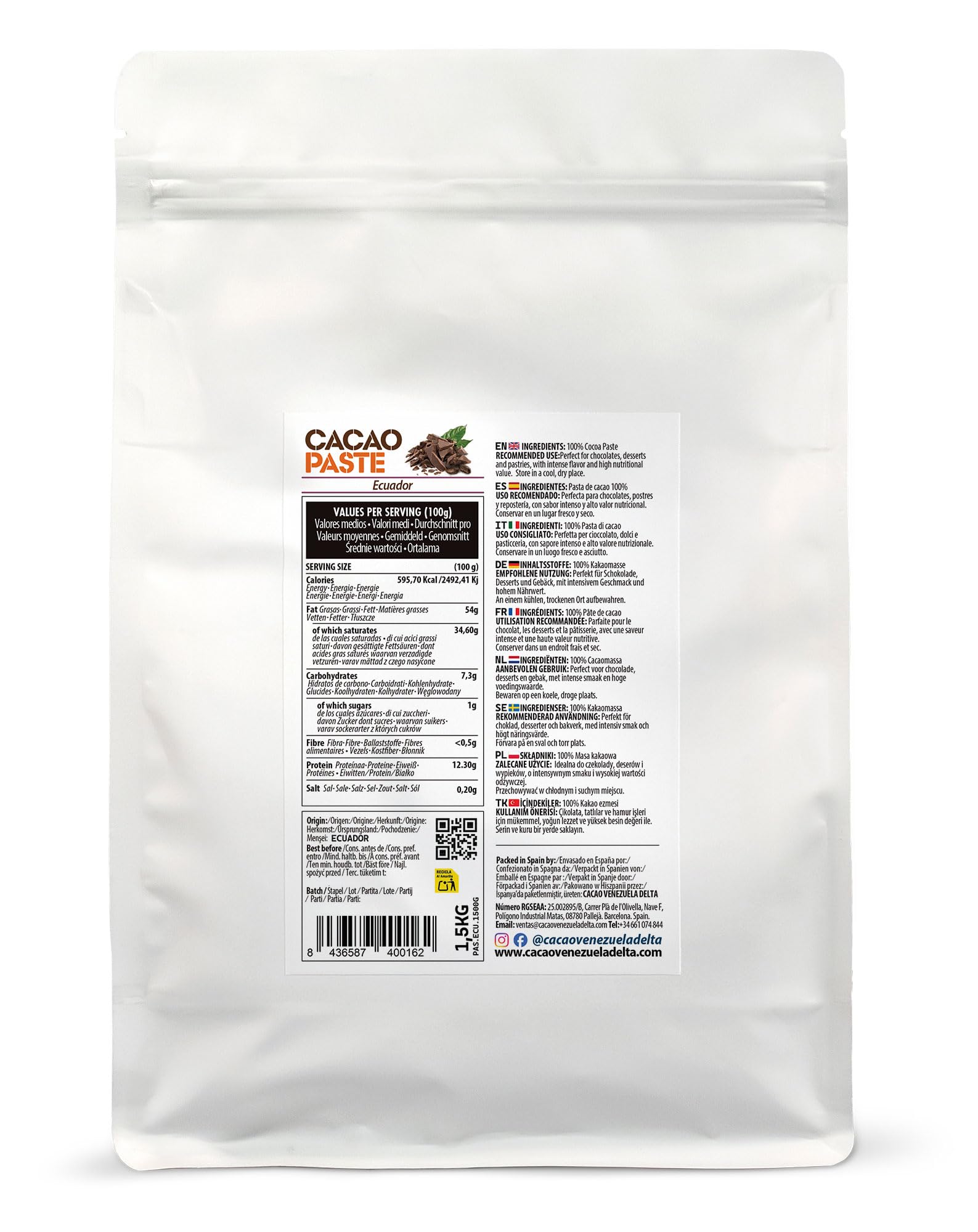 Cacao Venezuela Delta Pasta De Cacao Pura Ceremonial 1.5 Kg de Origen Ecuador - Chocolate Negro 100% Puro sin Azúcar para Fundir y Reposteria - Masa De Cacao Sin Gluten, Antioxidante, Vegano