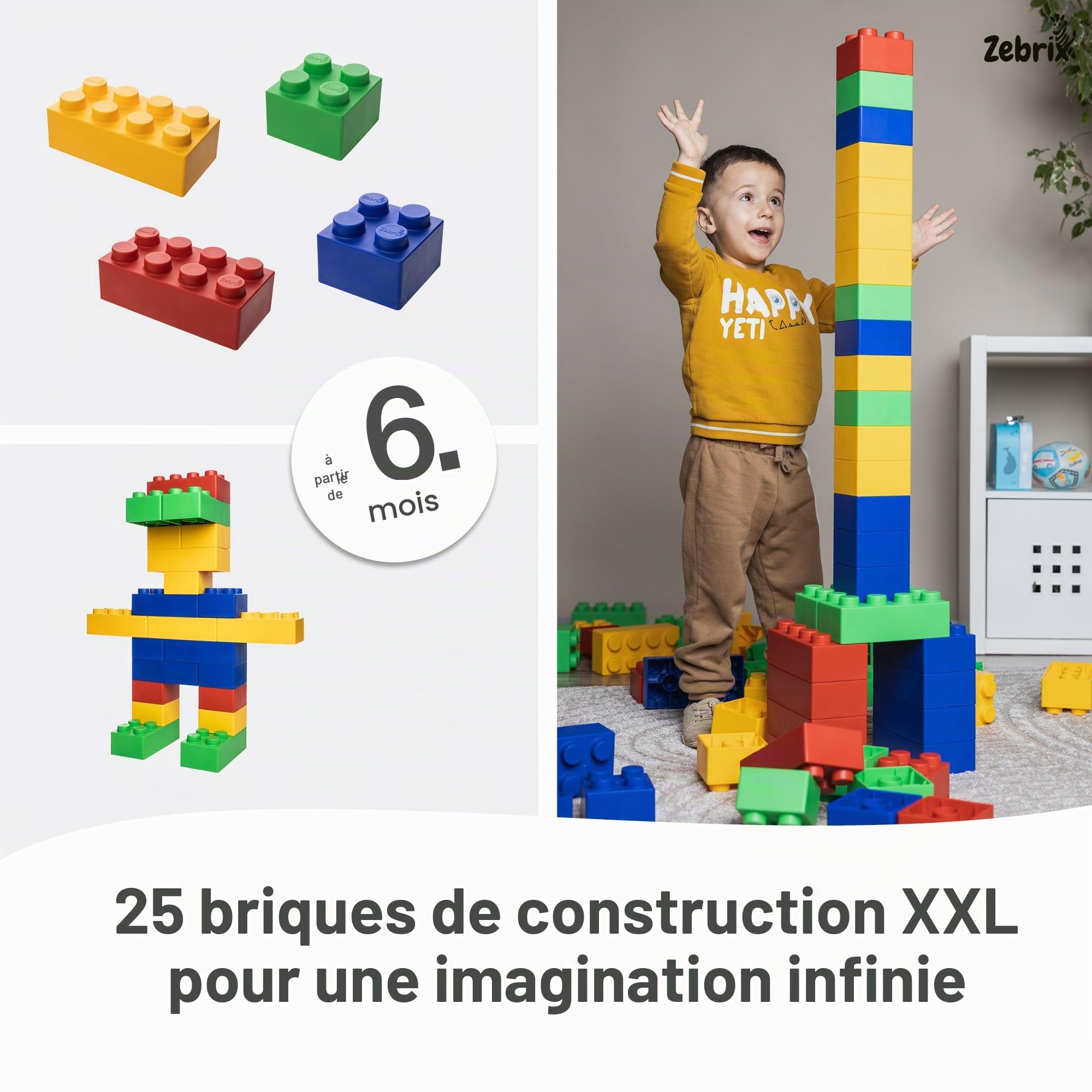 XXL 25 briques de construction 4 couleurs | Grandes briques en rouge, vert, bleu et jaune - (25 briques) | Pour bébés et enfants | Fabriqué en Allemagne