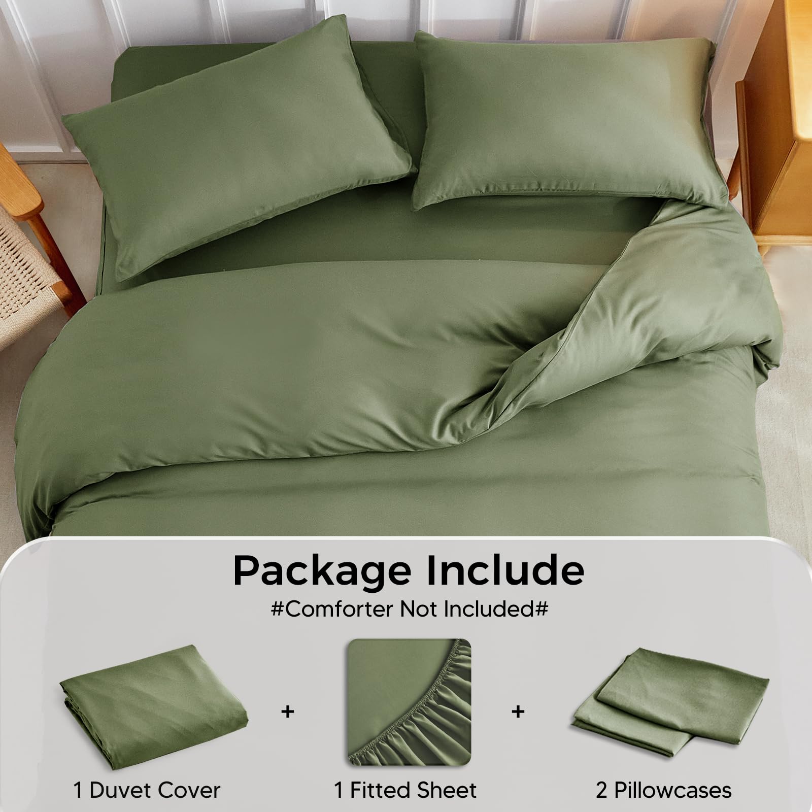 Tokokimo Double Bedding Set 4-Piece Olive Green Duvet Set including Pillowcases and Deep Fitted Sheet 40cm Mattress Depth - Image 4