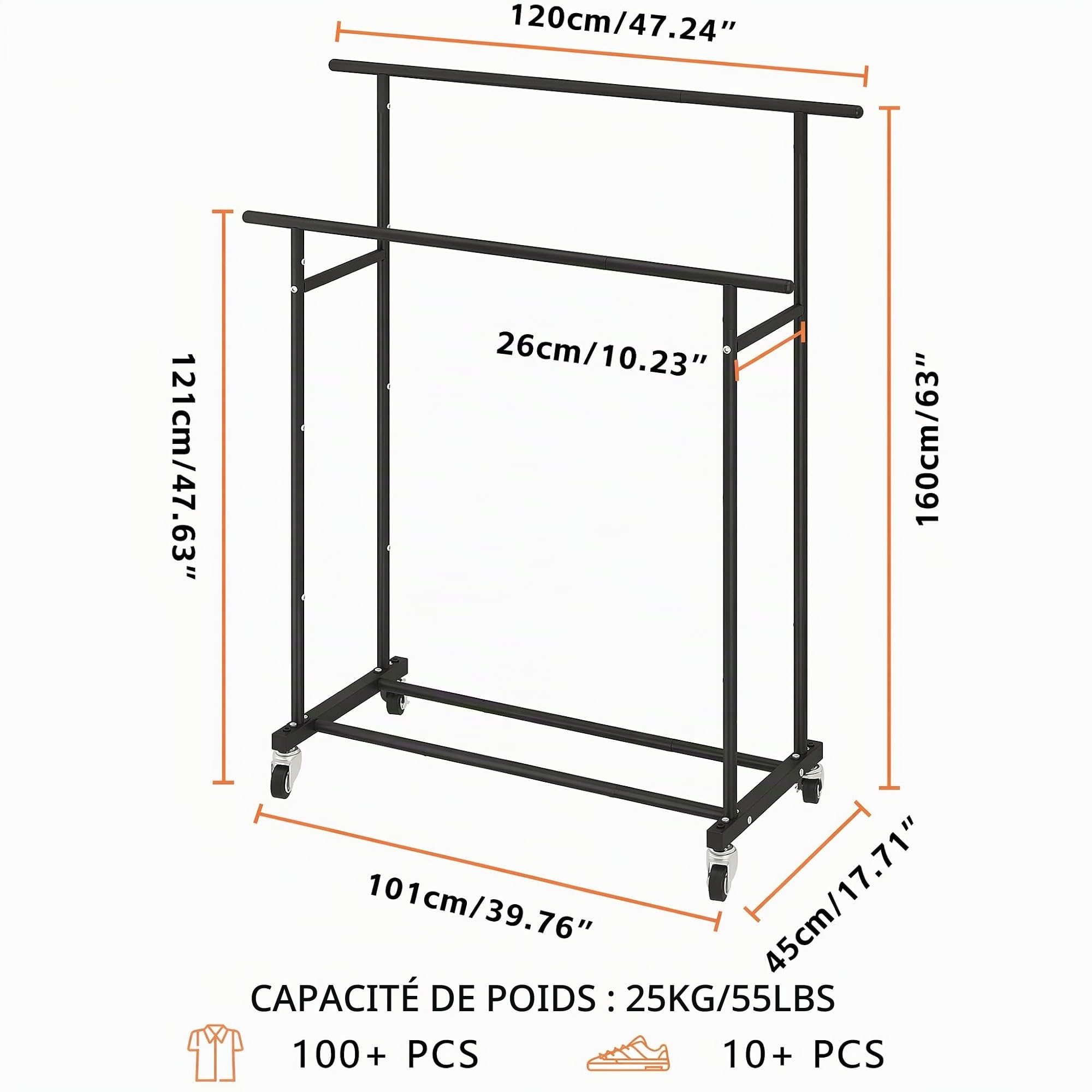 Calmootey Portant à vêtements à double tringle, porte-vêtements à roulettes, organiseur de vêtements portable pour chambre à coucher, salon, magasin de vêtements, noir | Tiges haute-basse, deux roues verrouillables, cadre en métal robuste, gain de place,