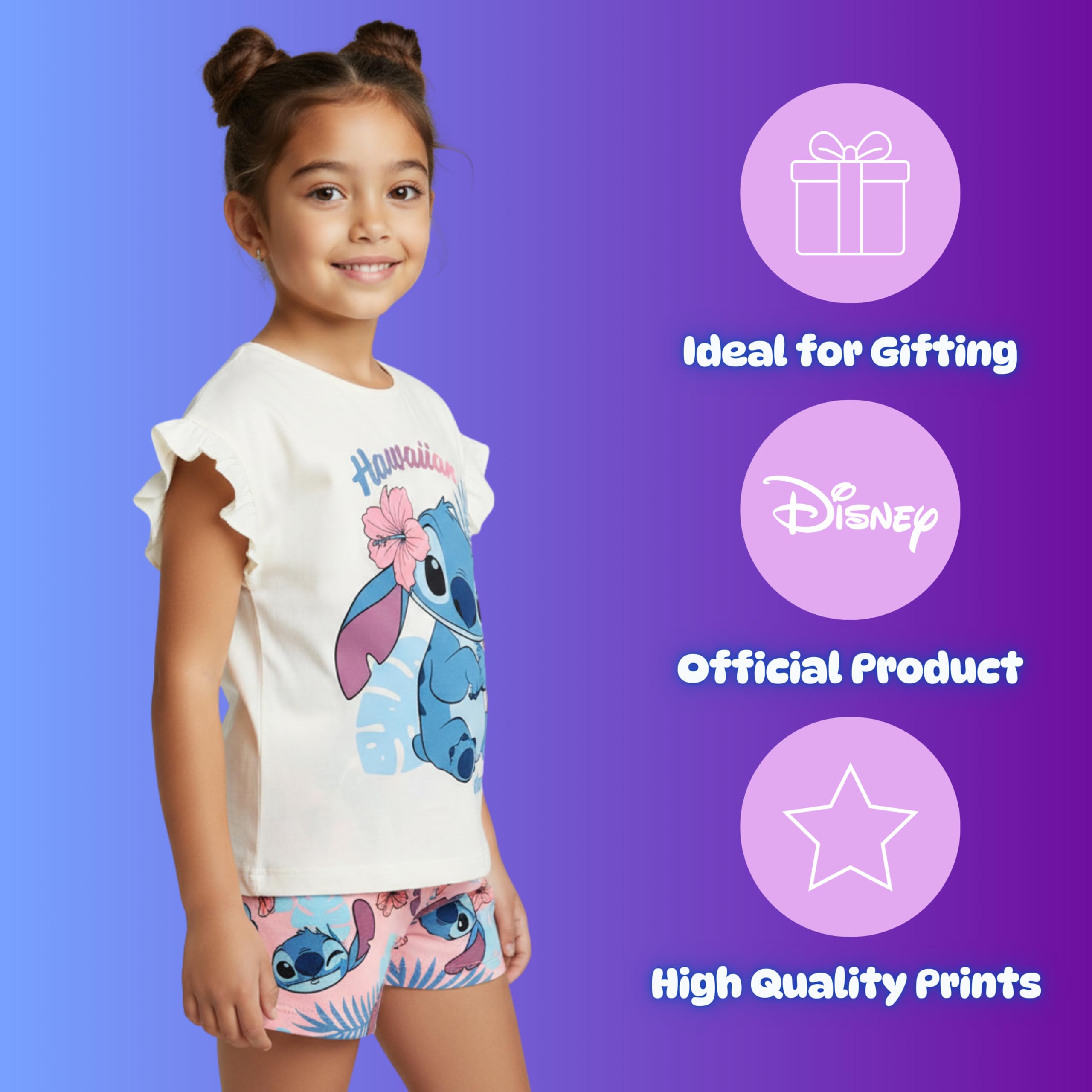 Disney Stitch Pijamas para Niña, 'Hawaiian Dream' Camiseta Manga Corta y Pantalon Corto Algodon, Tallas 3 a 8 Años