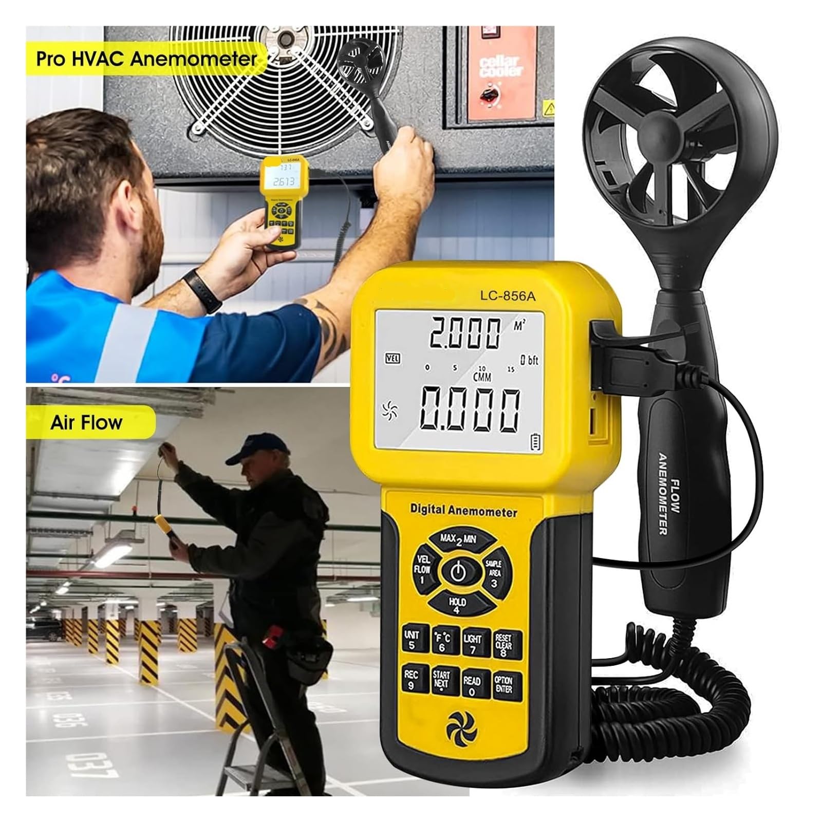 Medidor LC-856A CFM, anemómetro HVAC, medida manual, temperatura de velocidad del flujo aire, medidor viento con luz fondo, MAX MIN AVG for navegar(856A)