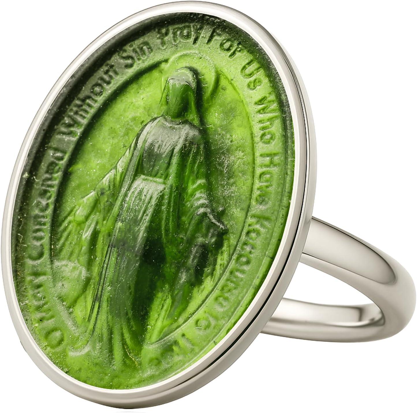Virgin Mary Intaglio Ring in 925 Sterling Silver with Green Glass Cameo – Handmade Christian Faith Jewelry with Ancient Coin Style for Women