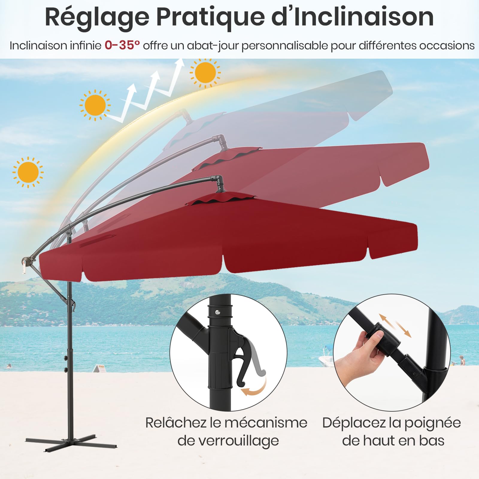 RELAX4LIFE Parasol Déporté Octogonal 305x250cm Rouge avec Housse