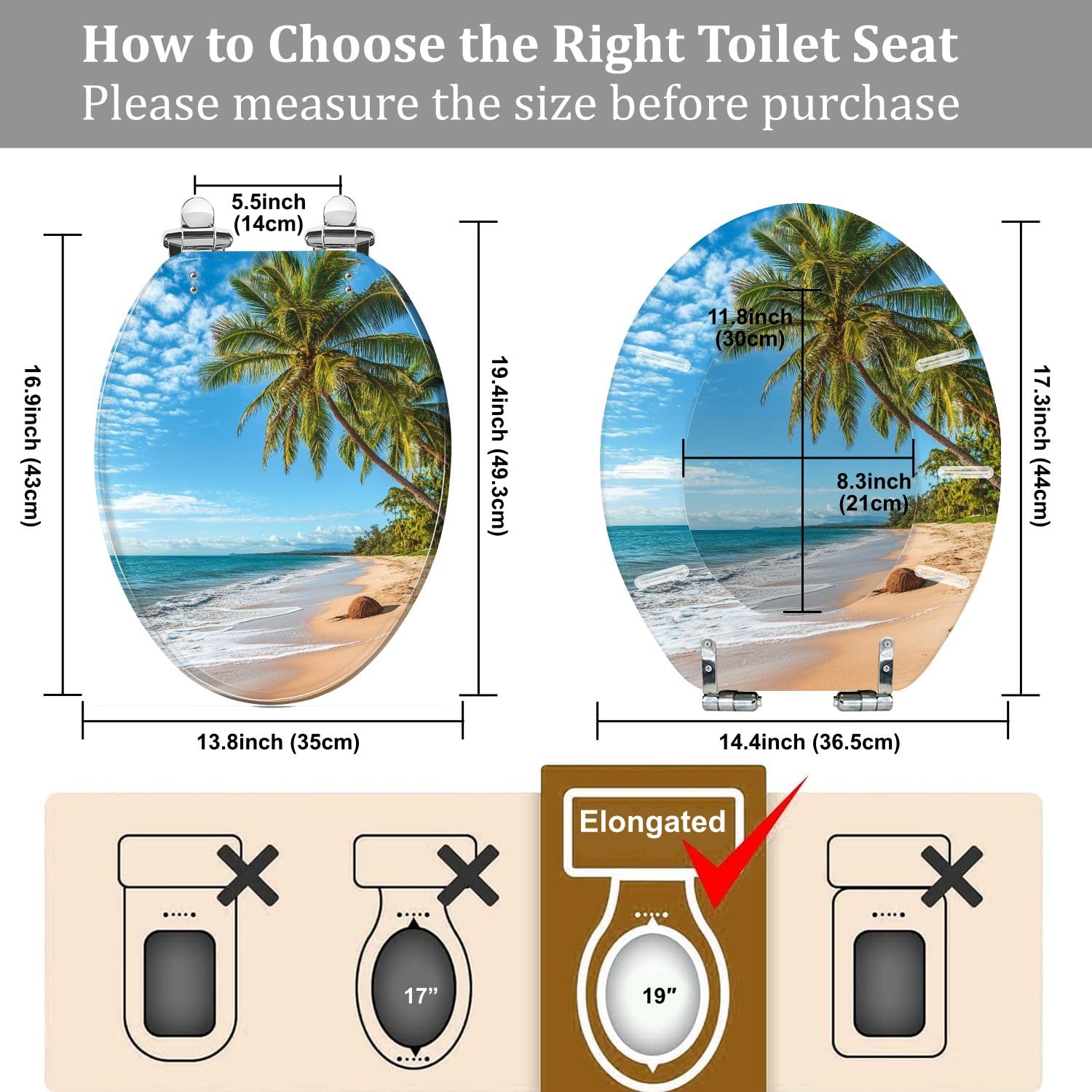 Asiento de inodoro decorativo alargado de resina, con bisagras de