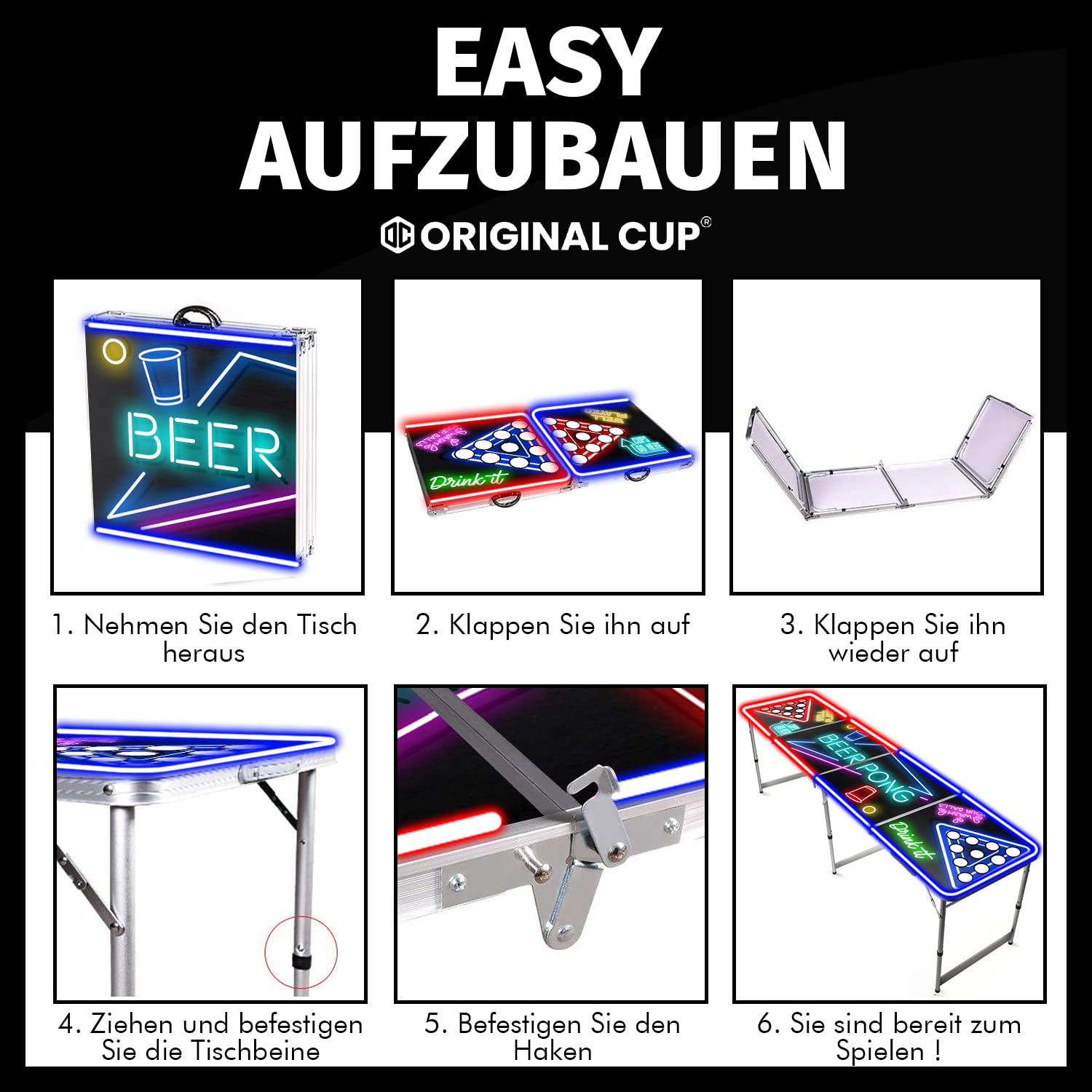 Beer Pong Offizieller Spotlightholes Tisch mit Löchern | Neonlicht | Premium Qualität | Offizielle Wettkampfmaße | Kratzfest und Wassergeschützt | Partyspiele | Trinkspiele | 100% Spaß | OriginalCup®