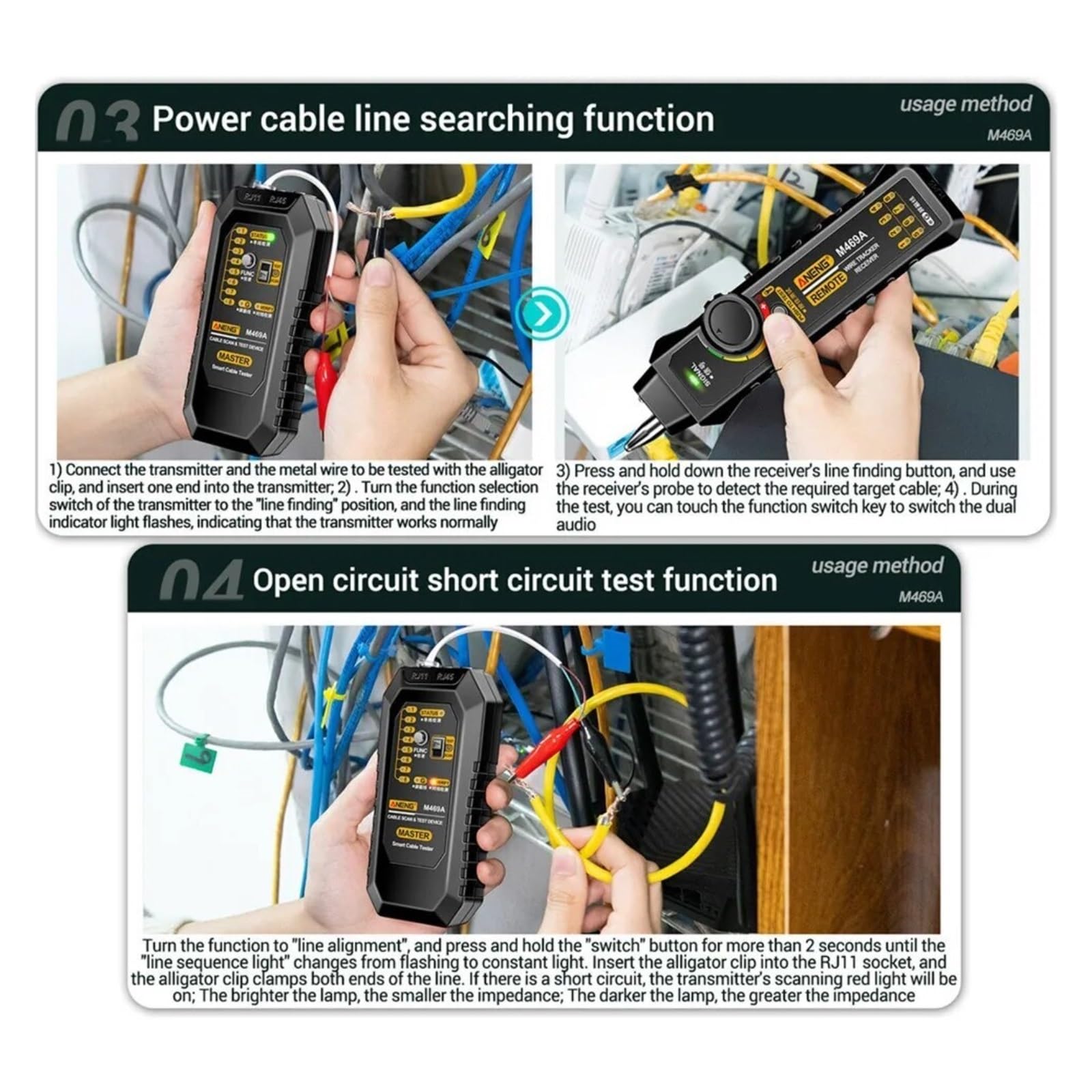 Inteligentny Tester Kabli Sieciowych, Lokalizator Linii, Odbiornik, Naprawa Sieci, Narzędzia Dla Elektryków Dokładna Szybka Diagnostyka(M469A black)