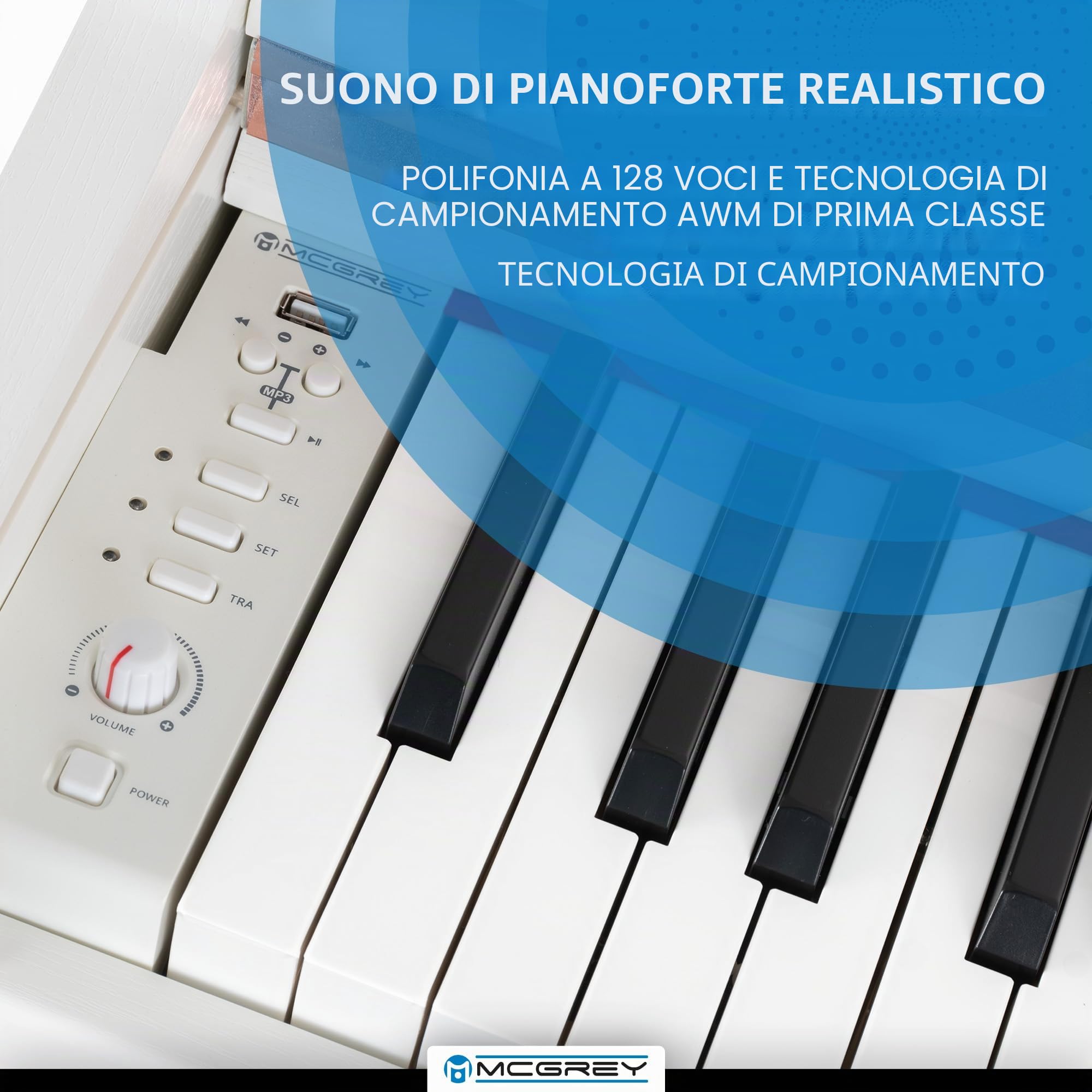 McGrey DP-19 WM Set E-Piano - 88 tasti pesati con meccanica a martello e dinamica di tocco - 8 suoni - copritastiera - incl. panca da pianoforte, cuffie e scuola di pianoforte - Bianco opaco
