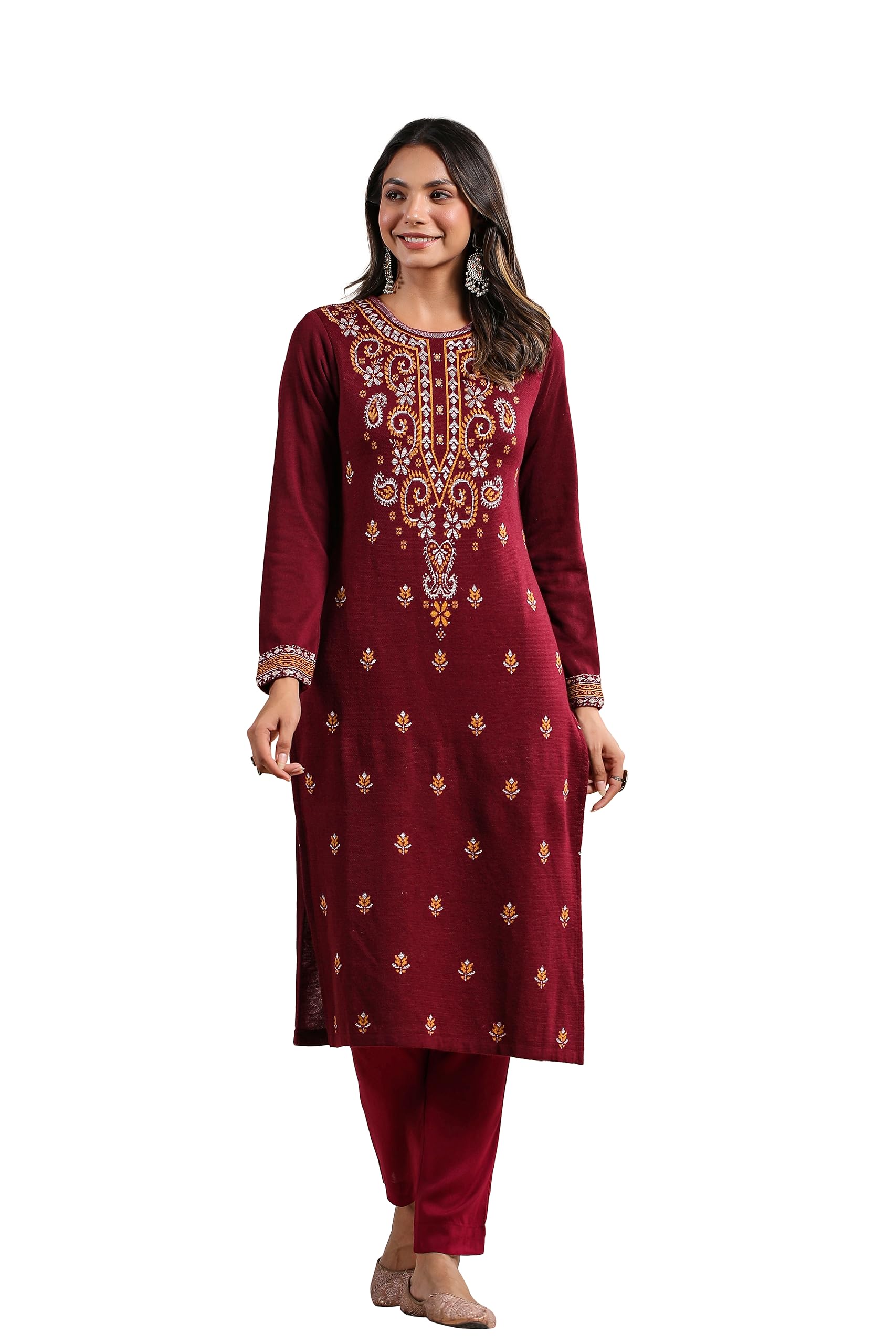 Ishin Women's Wine Jacquard Style Ethnic Motifs Straight Winterwear Kurta