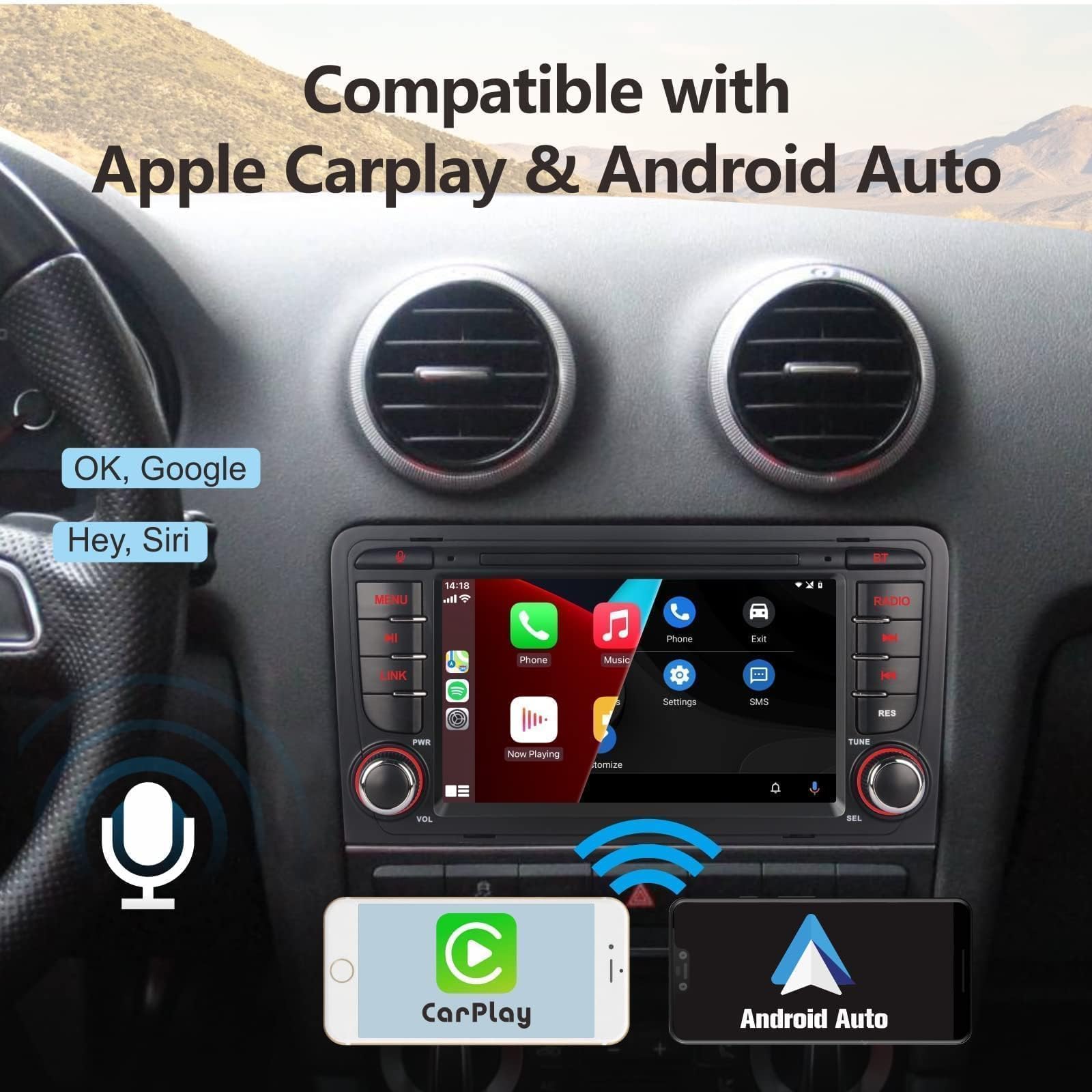 Autoradio compatibile con Wireless Carplay/Android Auto per Audi A3 S3 RS3 2003-2012 con IPS touch screen da Bluetooth/Mirror Link/FM/AM/USB/RDS