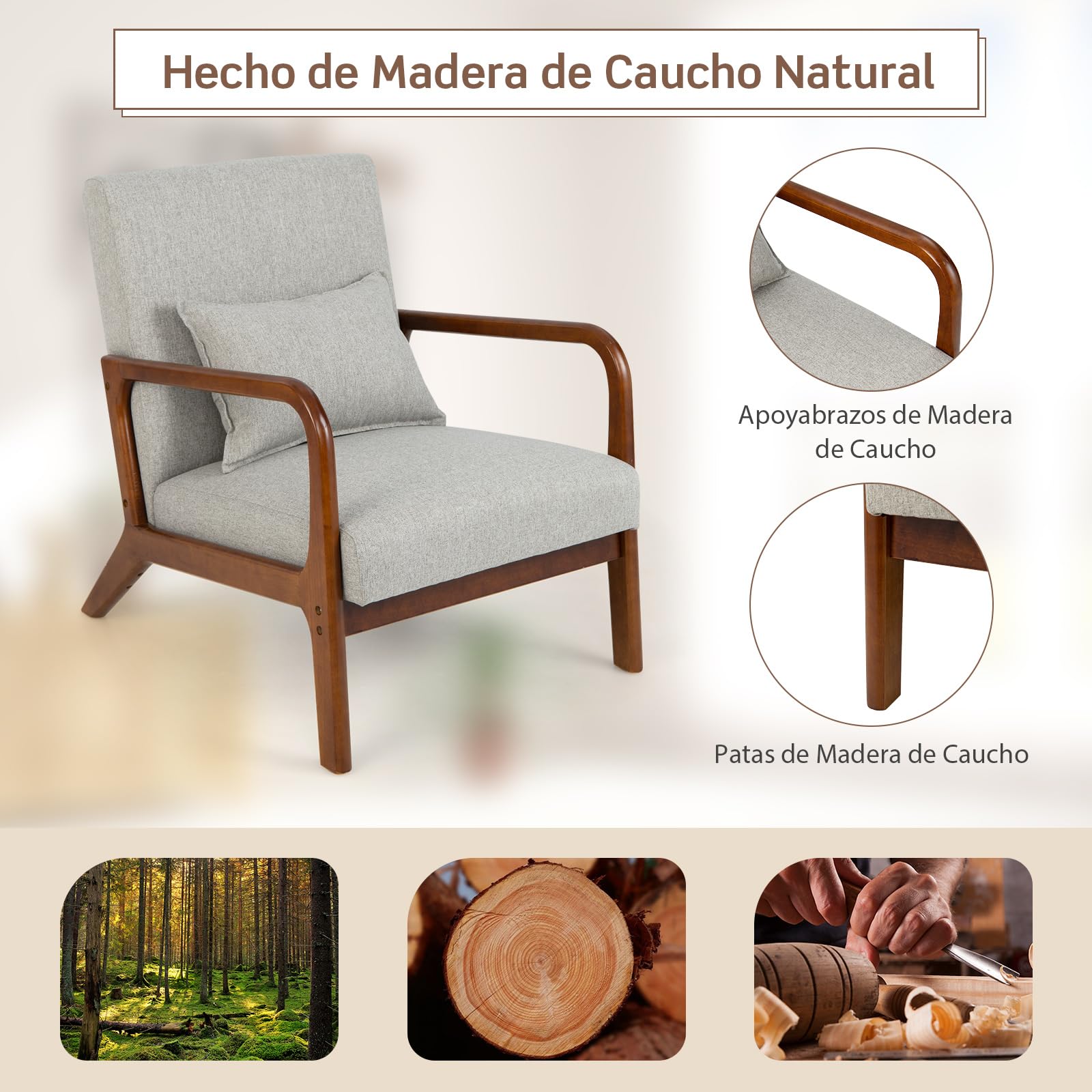COSTWAY Silla Moderna de Madera, Butaca de Salon con Almohada Lumbar, Almohadillas de Fieltro Antideslizantes, Sillón de Lectura Tapizado en Tela, 79 x 65 x 77 cm (Gris)