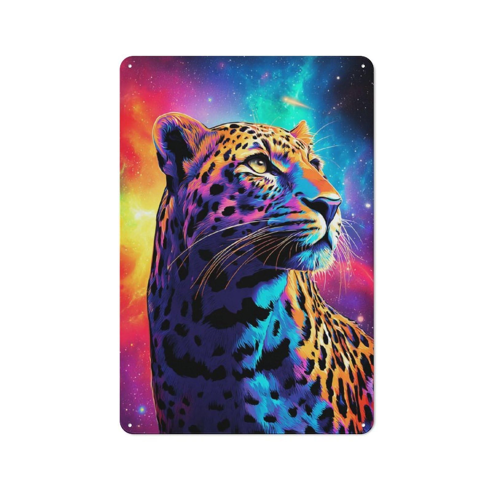 Junmoney Neon Leopard In Cosmic Space -1 Cottage Metal Wall Decor 30X20cm, Shed Metal Sign For Conservatory, Home Bar Or Utility Room