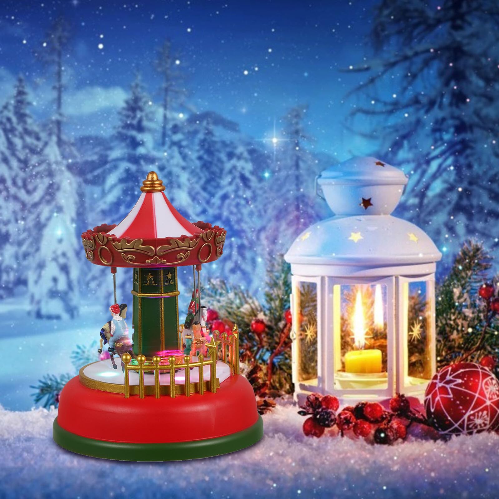 GALPADA Carillon a Giostra Rotante Luminoso Musica Decorazione da Tavolo Natalizia in Plastica Ornamento Creativo per e Regalo di Compleanno