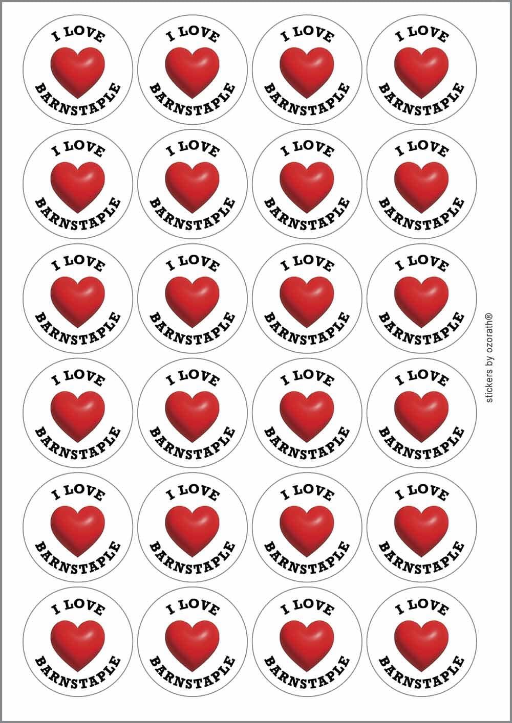 I Heart Love Barnstaple Location Circular Matt Paper Stickers A4 Sheet of 24 (Each Sticker is 45mm Diameter)