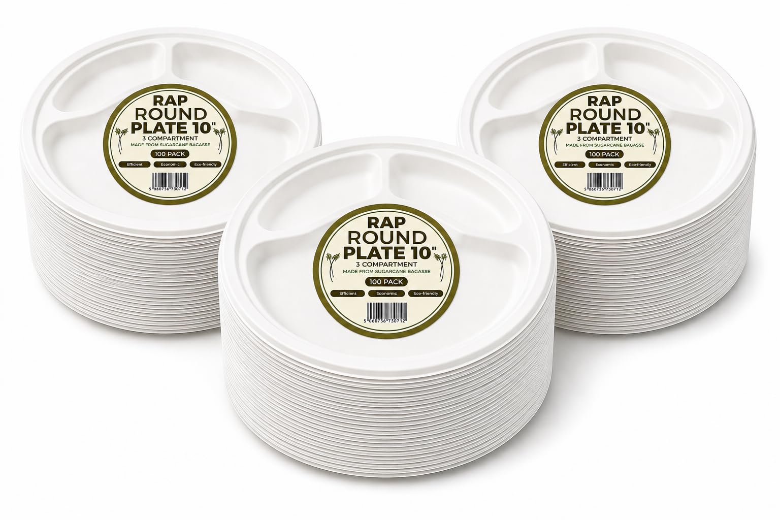 3 Compartment Paper Plates 10 Inch 300 Pack Bagasse Compostable Disposable