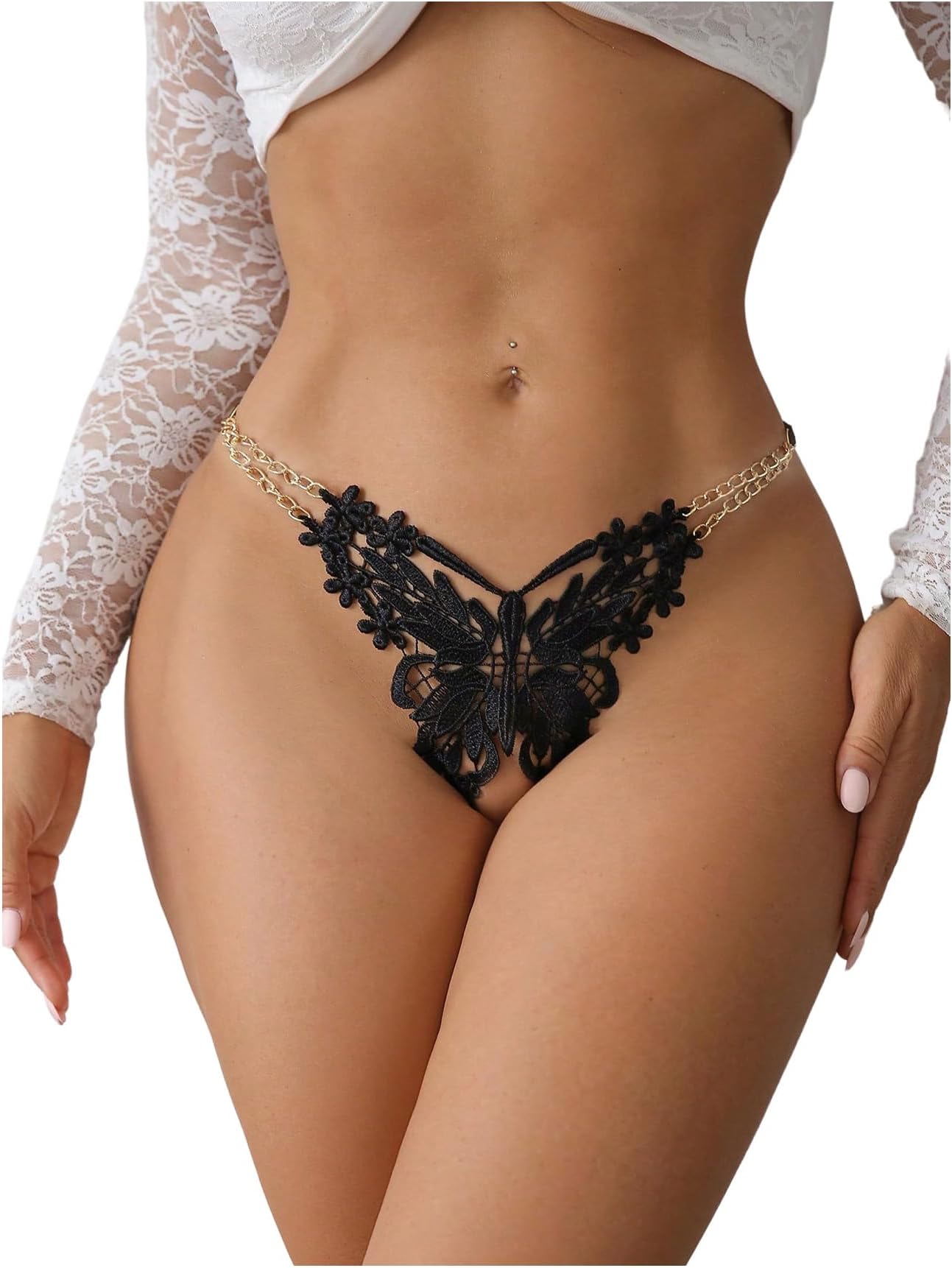 Women's Lace Butterfly Panties Low Rise Chain Briefs Sexy Cut Out Thong Underwear